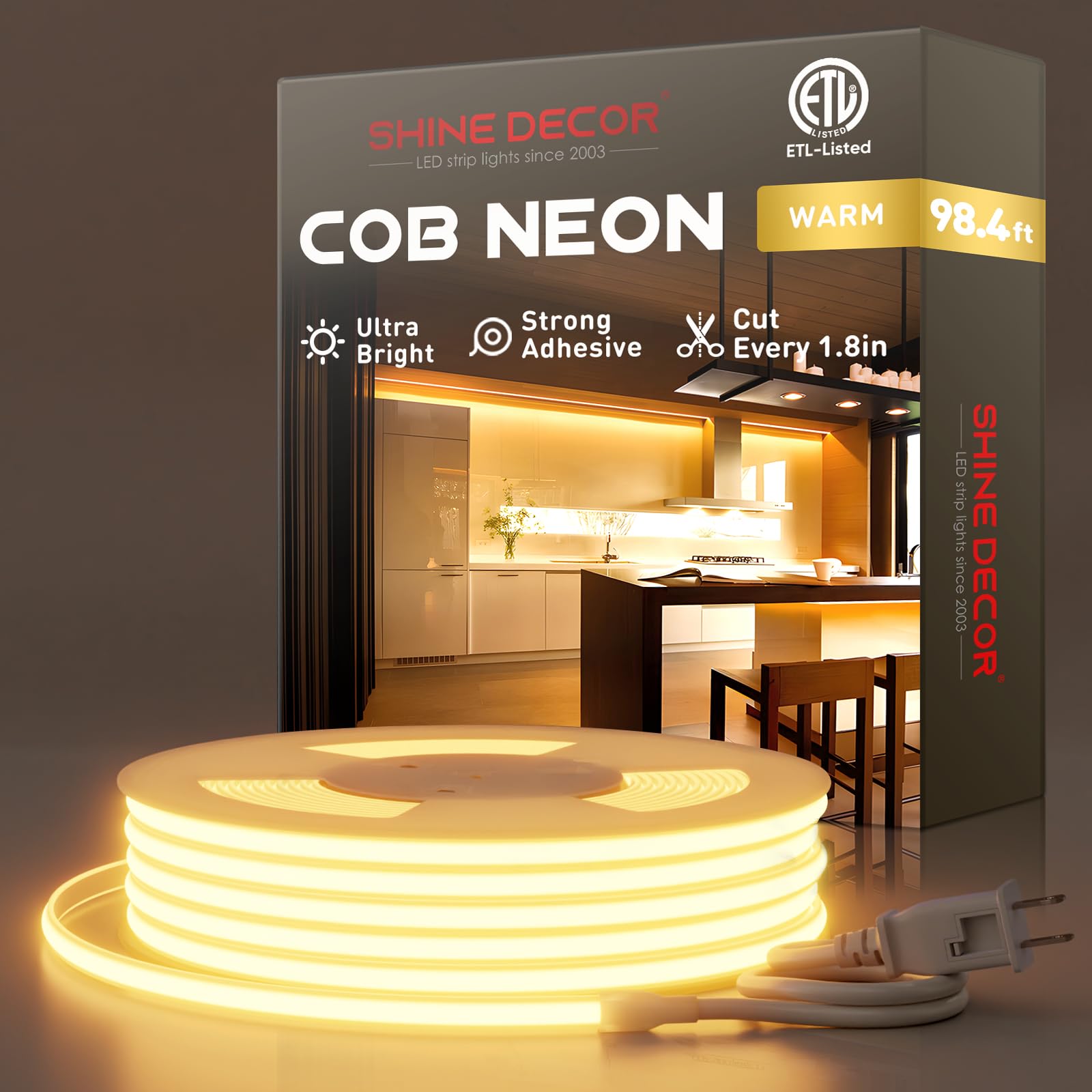 Shine Decor Cob Led Rope Light Ac 120V  800Lm Ultra Bright  Ip65 Waterproof Cold-Resistant Etl Neon Strip  No Driver Tape Lighting For Home Commercial 10X4.5Mm  2800K Warm White  98.4Ft