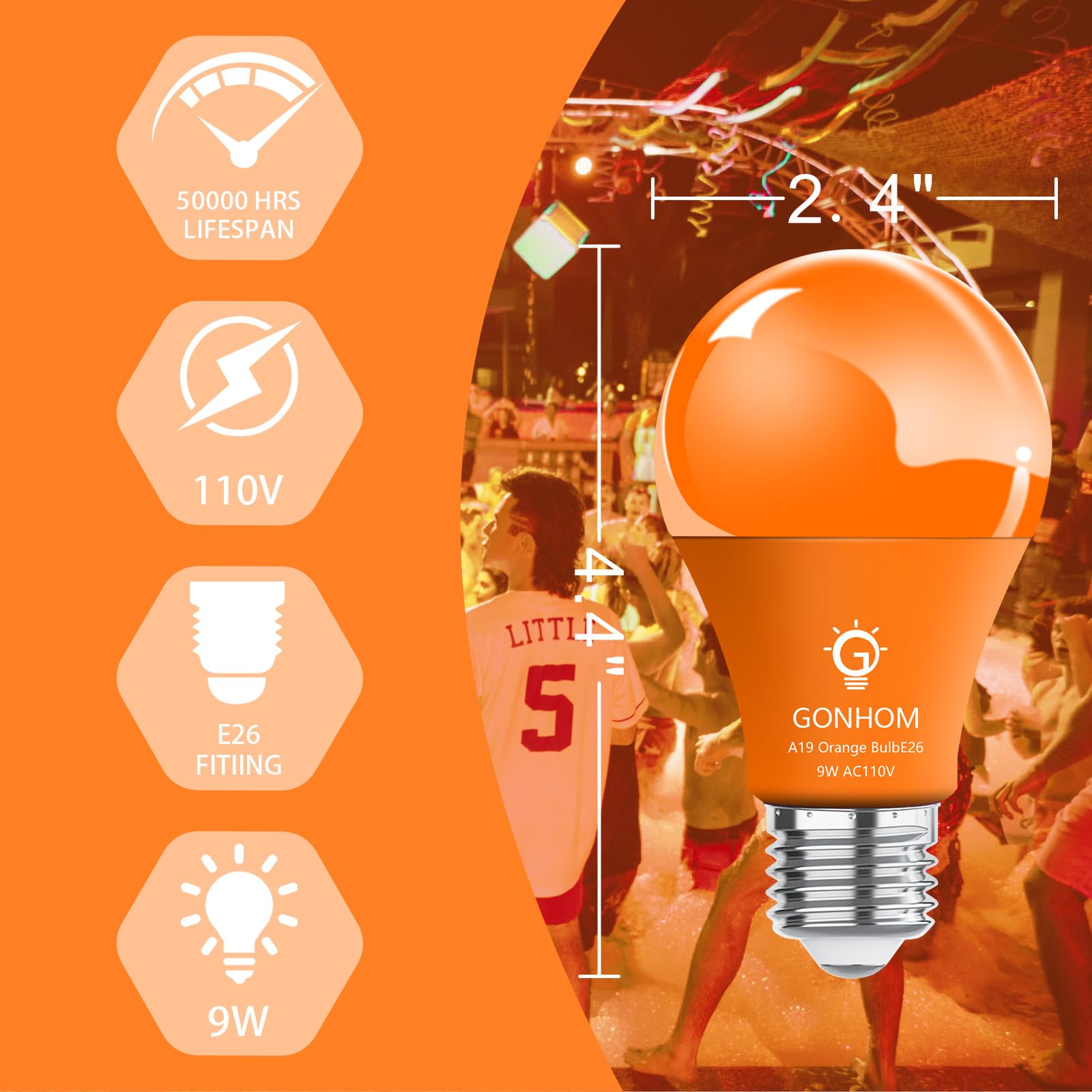 Gonhom 4 Pack A19 Led Orange Light Bulbs, 9W Equivalent For Halloween & Party Decoration