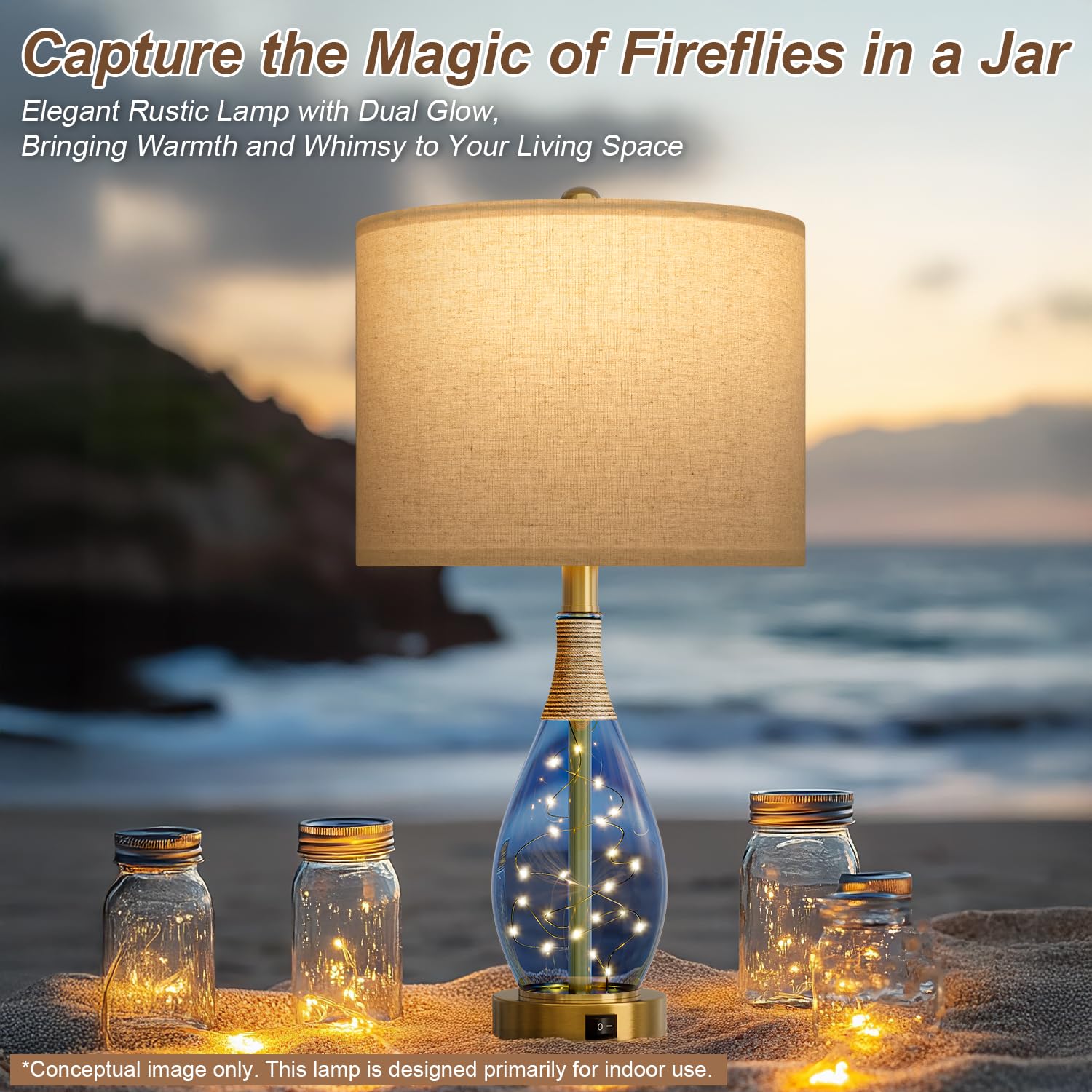 OYEARS 23" Blue Table Lamps Set of 2 - Rattan Boho Design, Glass Nightlight, USB C+A, Model AMZ-T1140BL-U