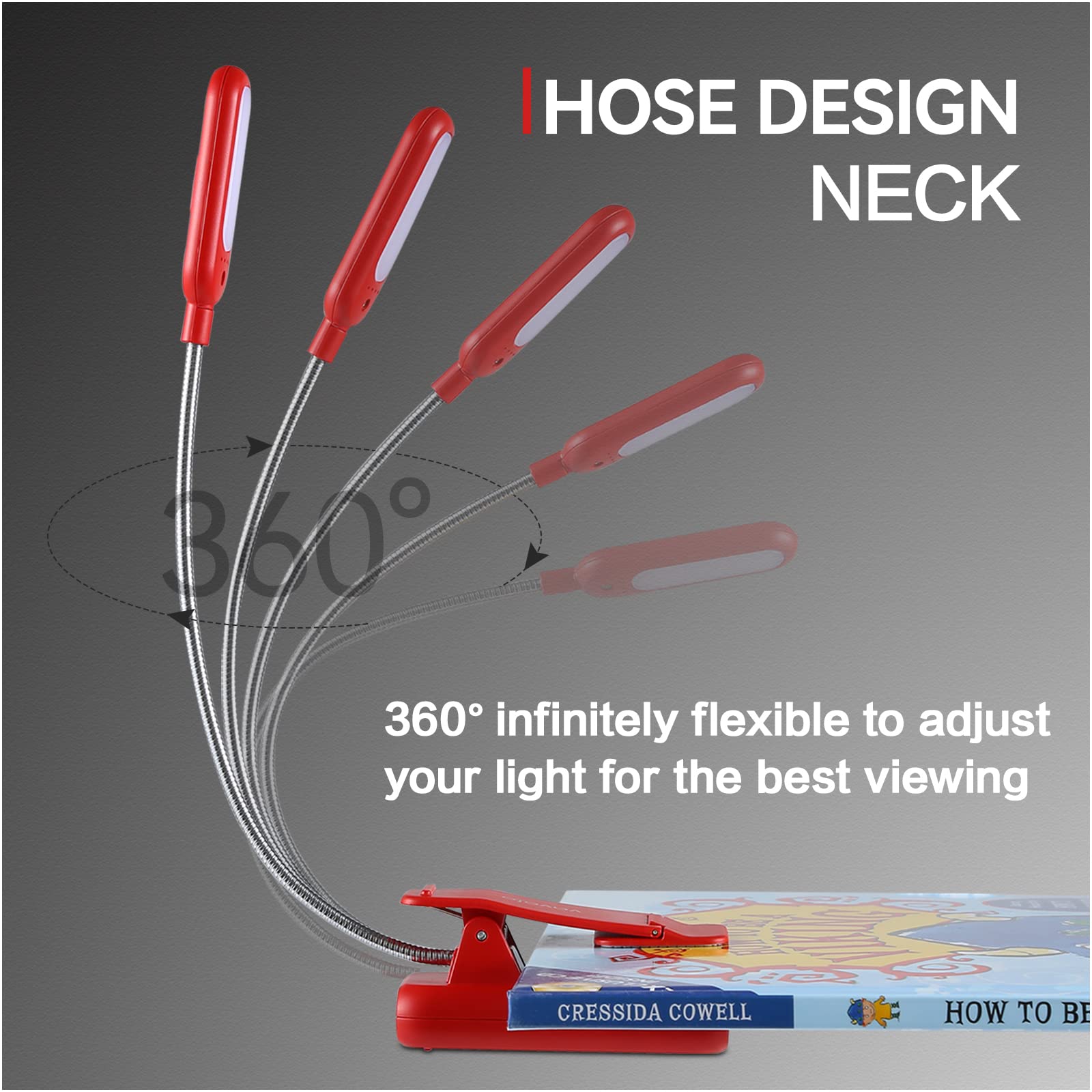 VAVOFO Rechargeable Book Light, 7 LED, 9-Level Warm Cool White, Eye Care Lamp, Model KM-6720, Red