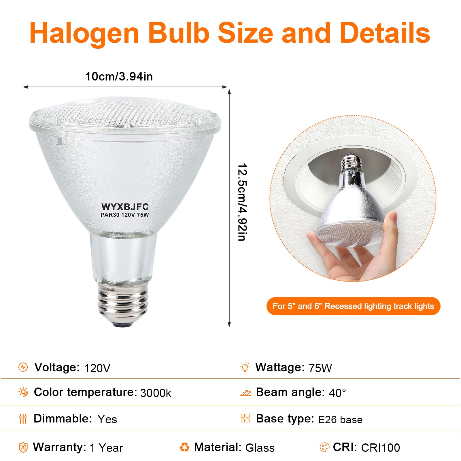 WYXBJFC Par30 Halogen Light Bulbs, 75W, 3000K Warm White, Dimmable, E26 Medium Base, 6 Pack