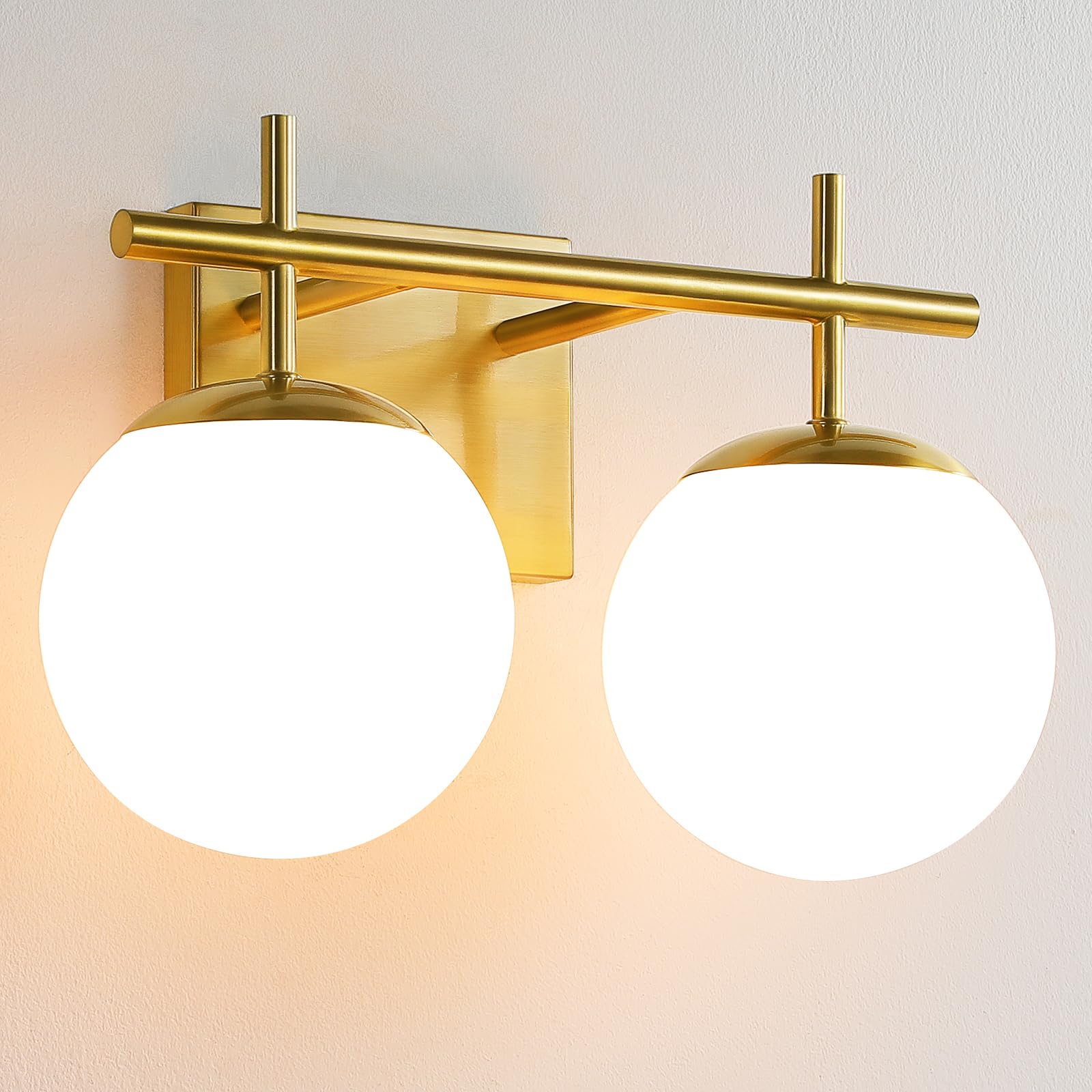 AIJIASI Gold Vanity Light, 2-Light Bathroom Lighting Fixtures Over Mirror Milky White Glass Globe Shades, Modern Vanity Lighting
