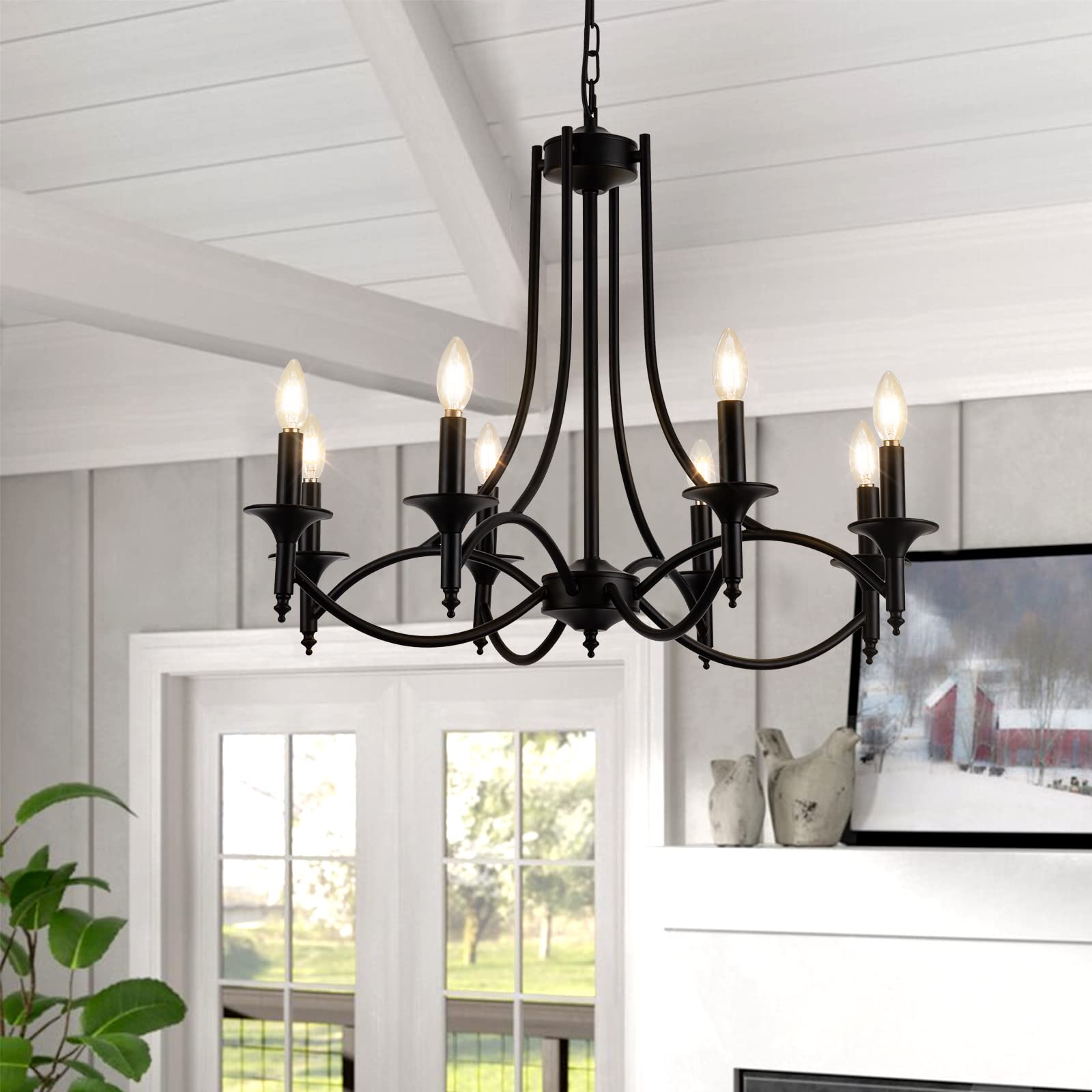Pretoy Industrial Candle Chandelier 8-Light Black Iron Pendant Fixture for Dining Room, Living Room, Bedroom, Kitchen Island, Foyer