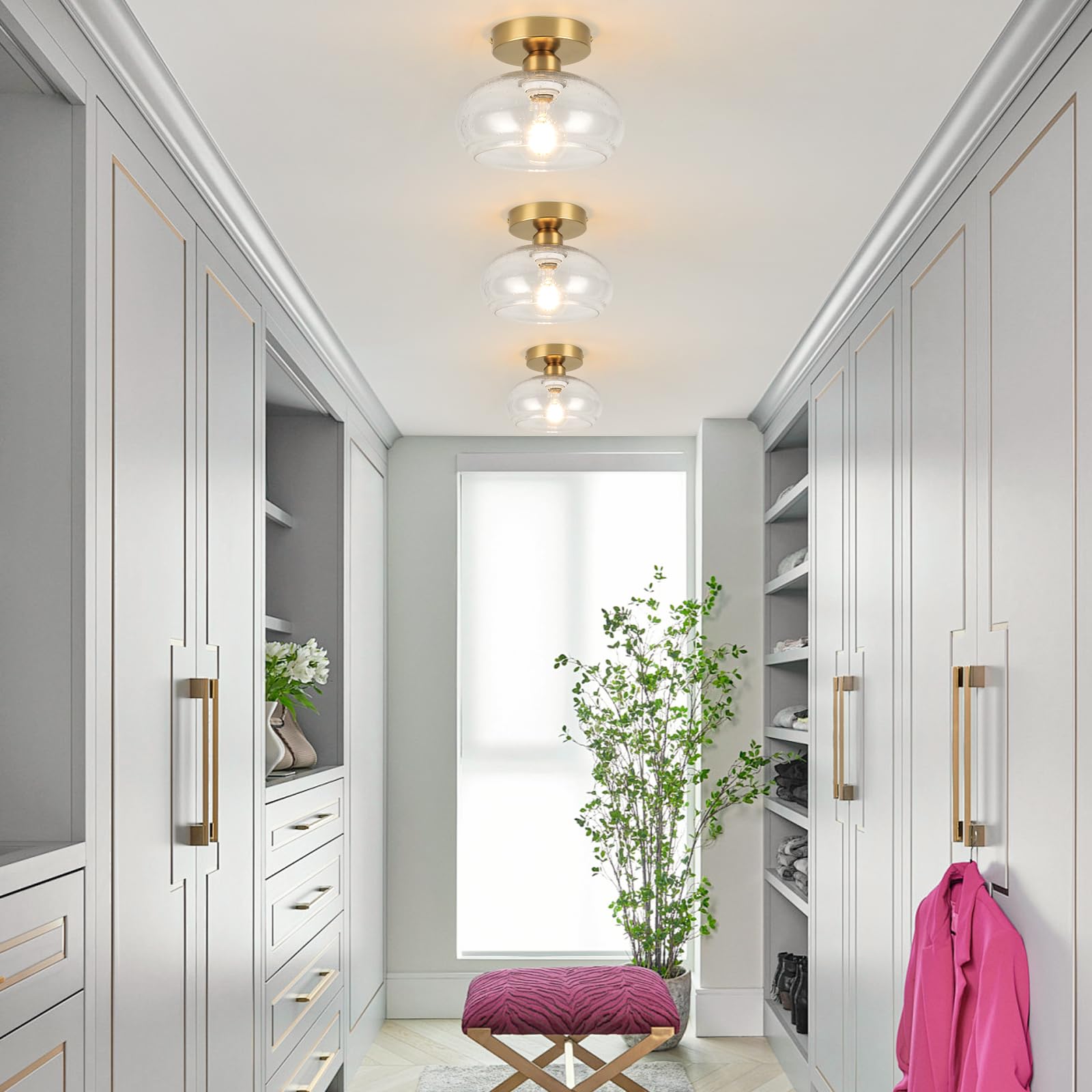 Wilon Semi Flush Mount Ceiling Light, Small Seeded Glass Ceiling Light Fixture Modern Gold Bathroom Ceiling Light Kitchen Lighti