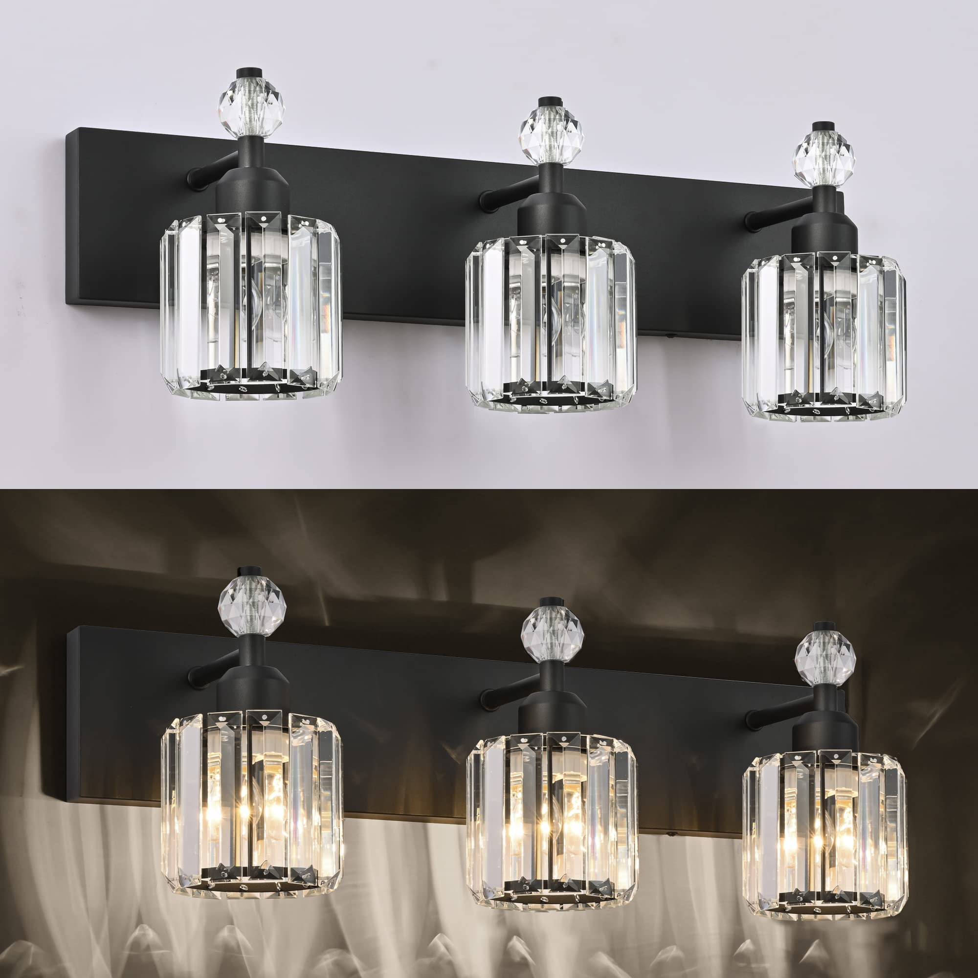 PRESDE Black Crystal 3-Light Vanity Lighting Fixture - Modern Bathroom Wall Light with Matte Black Metal Back Plate