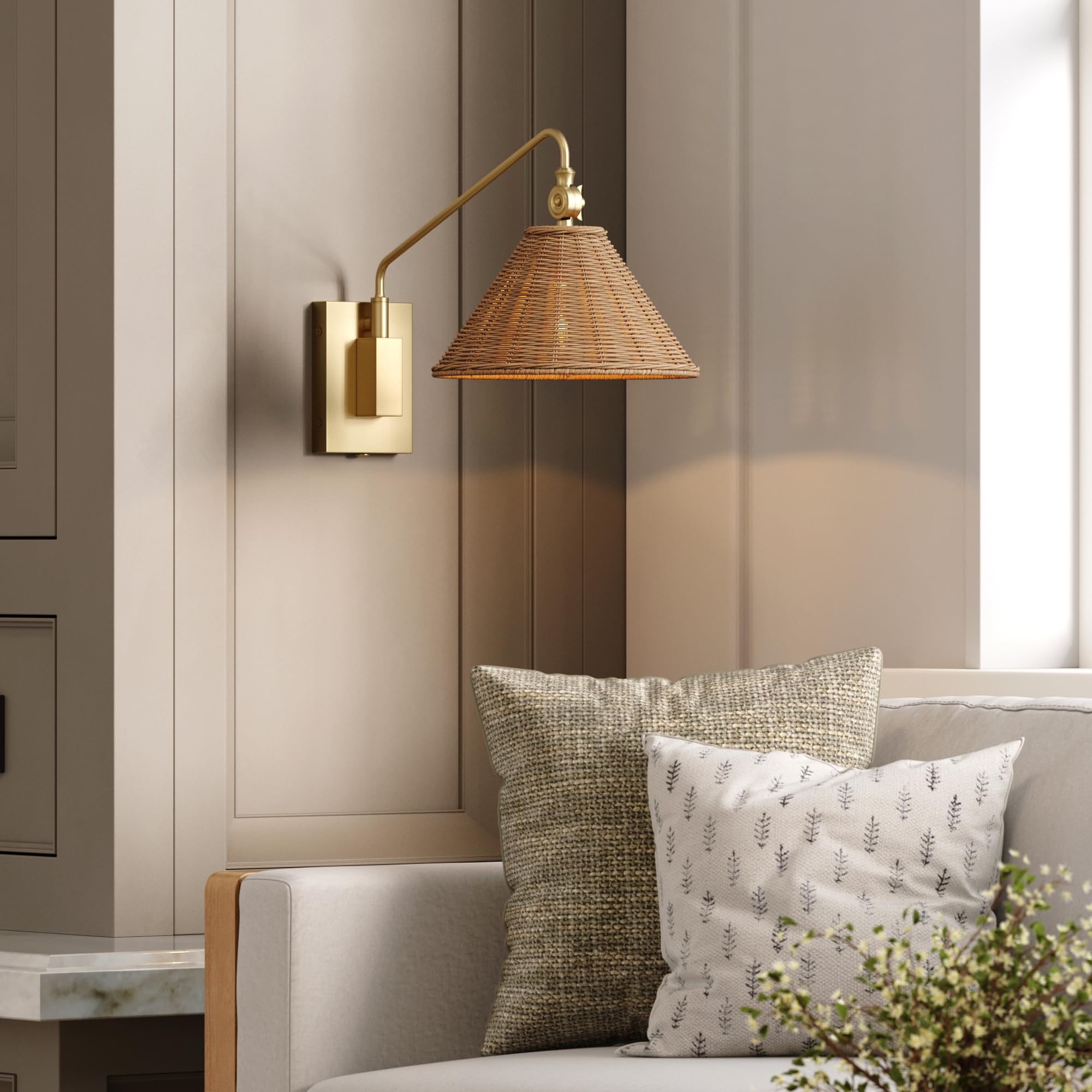 Nathan James Celeste Rattan Wall Light, Modern Farmhouse Wall Mounted Plug in Light, Wall Mount Reading Lamp for Bedside with Ra