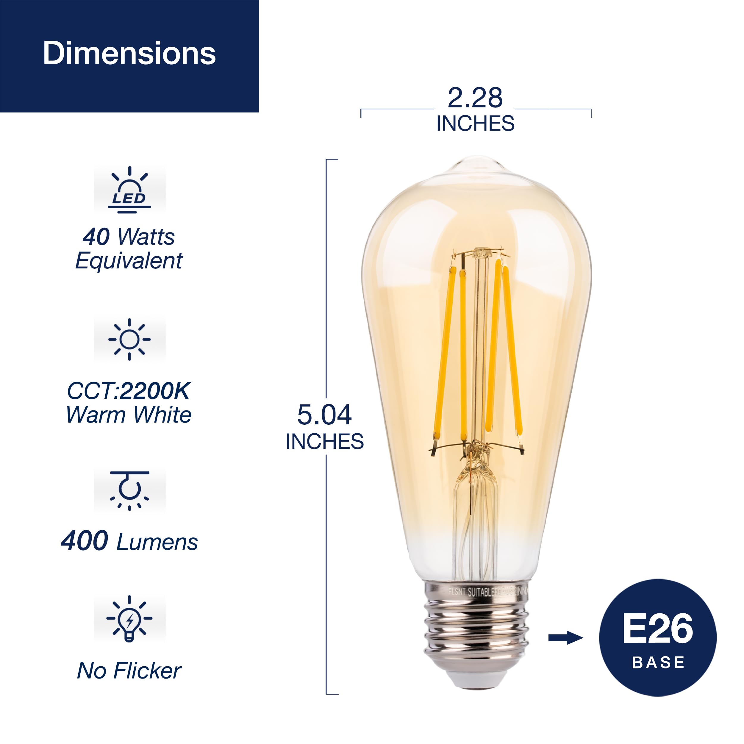 FLSNT LED Edison Bulbs, 40W Equivalent, 4W ST19 Dimmable, 2200K Warm White, 400LM, Amber Glass, 6 Pack