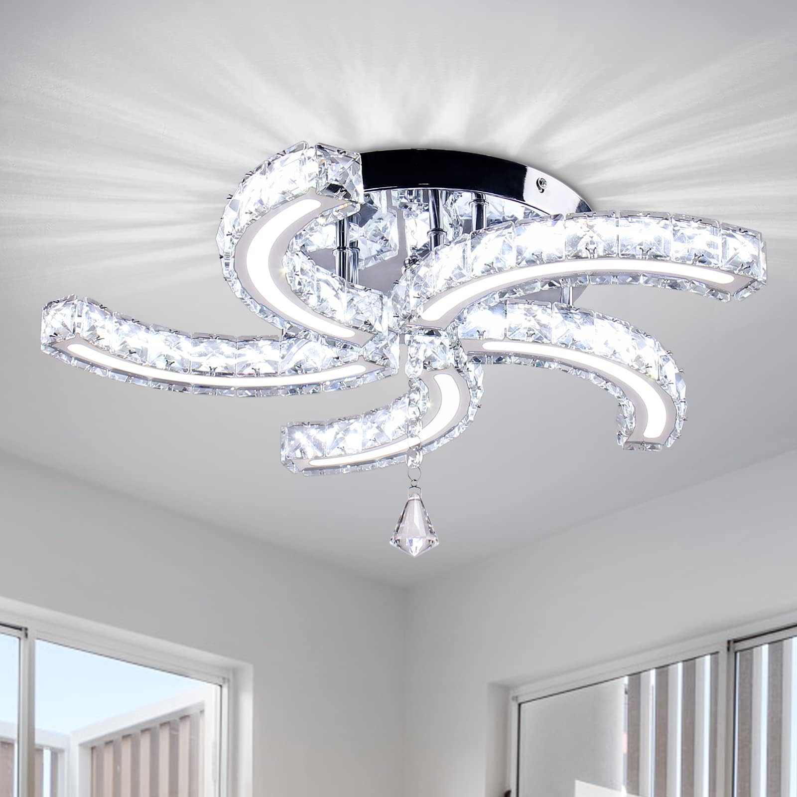 Cainjiazh Modern Crystal Chandeliers Acrylic Crystal Led Ceiling Light Fixtures Arm Pendant Lighting Stainless Steel Ceiling Lamp Hanging Lights For Living Room Dining Room Bedroom (Cold White)
