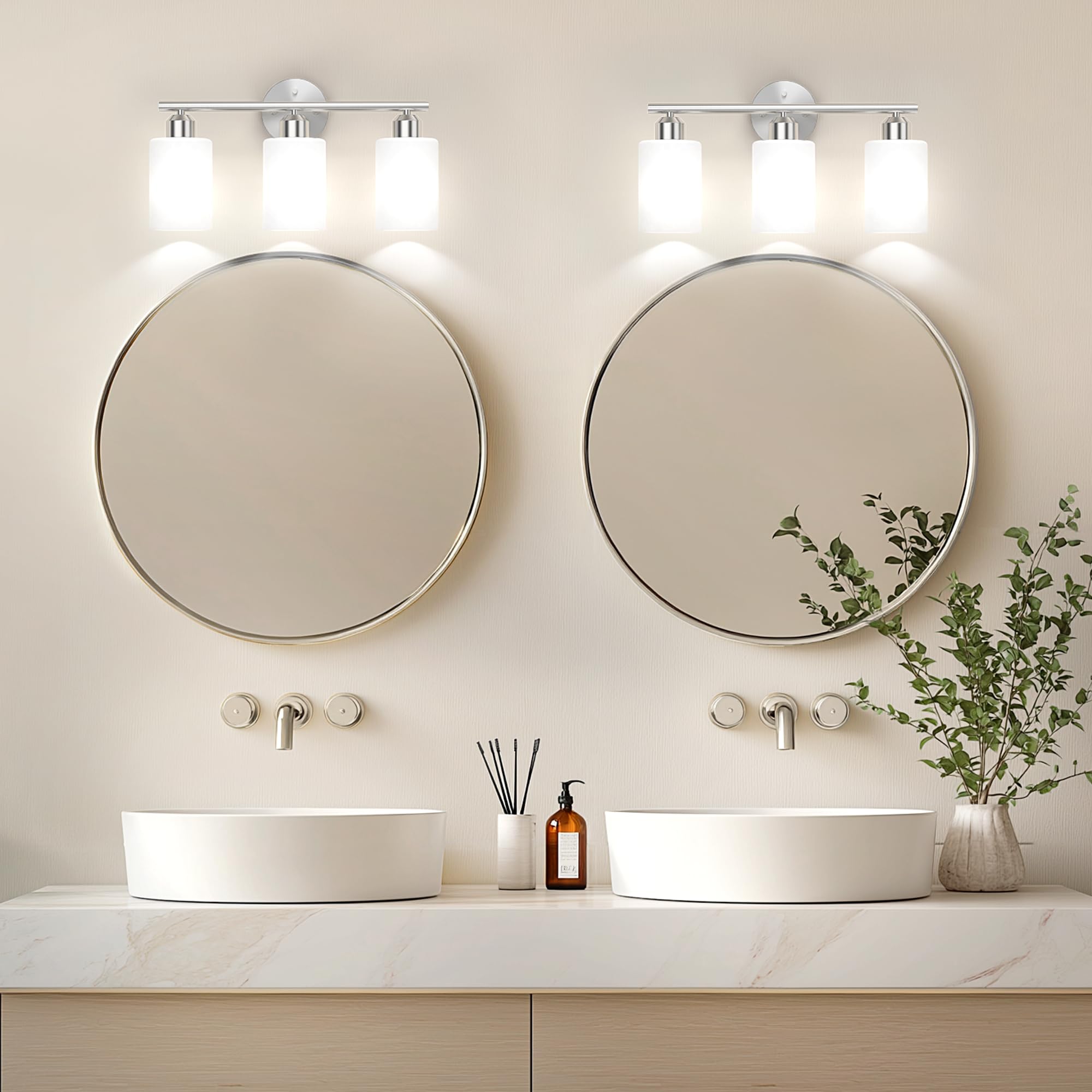 Espird Bathroom Vanity Light Fixture, 3 Lights, Brushed Nickel, Model L01-3-NL-W, Milky White Glass Shades
