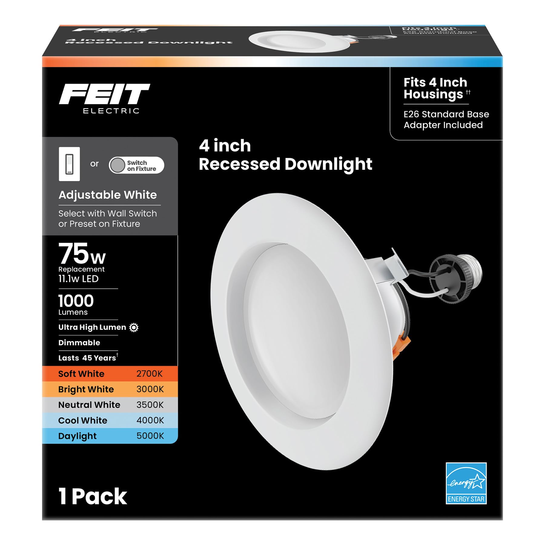 Feit Electric Enhance 4in LED Recessed Downlight, 75W Equivalent, 1000 Lumens, Dimmable, Adjustable White Color Temperature, Fit