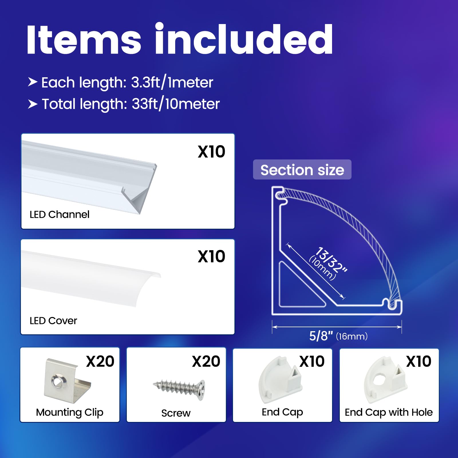 Muzata 10Pack V Shape LED Channel, 3.3FT Aluminum Diffuser with Milky White Cover, Silver, Easy Installation, Model V1SW WW 1M