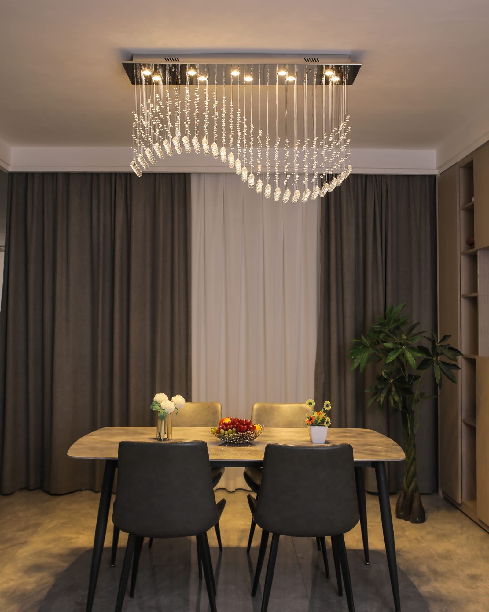 Siljoy Modern Crystal Chandelier 10-Light Rectangle Raindrop L47'' x W11.8'' Chrome Flush Mount Ceiling Light for Dining Room