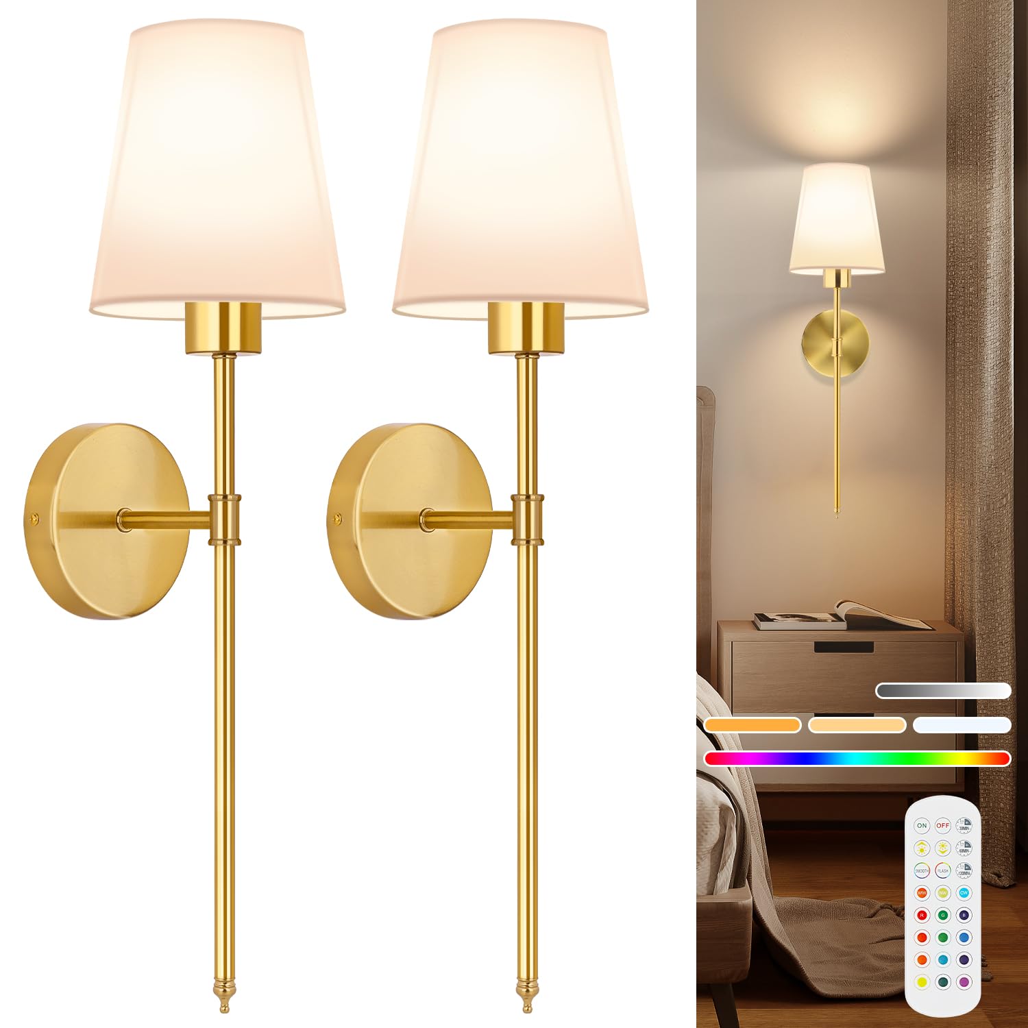 Tislyco Battery Operated Wall Sconces Set Of 2, Gold Rechargeable Wall Lamps With 2500Mah Magnet Detachable Dimmable Remote Bulb