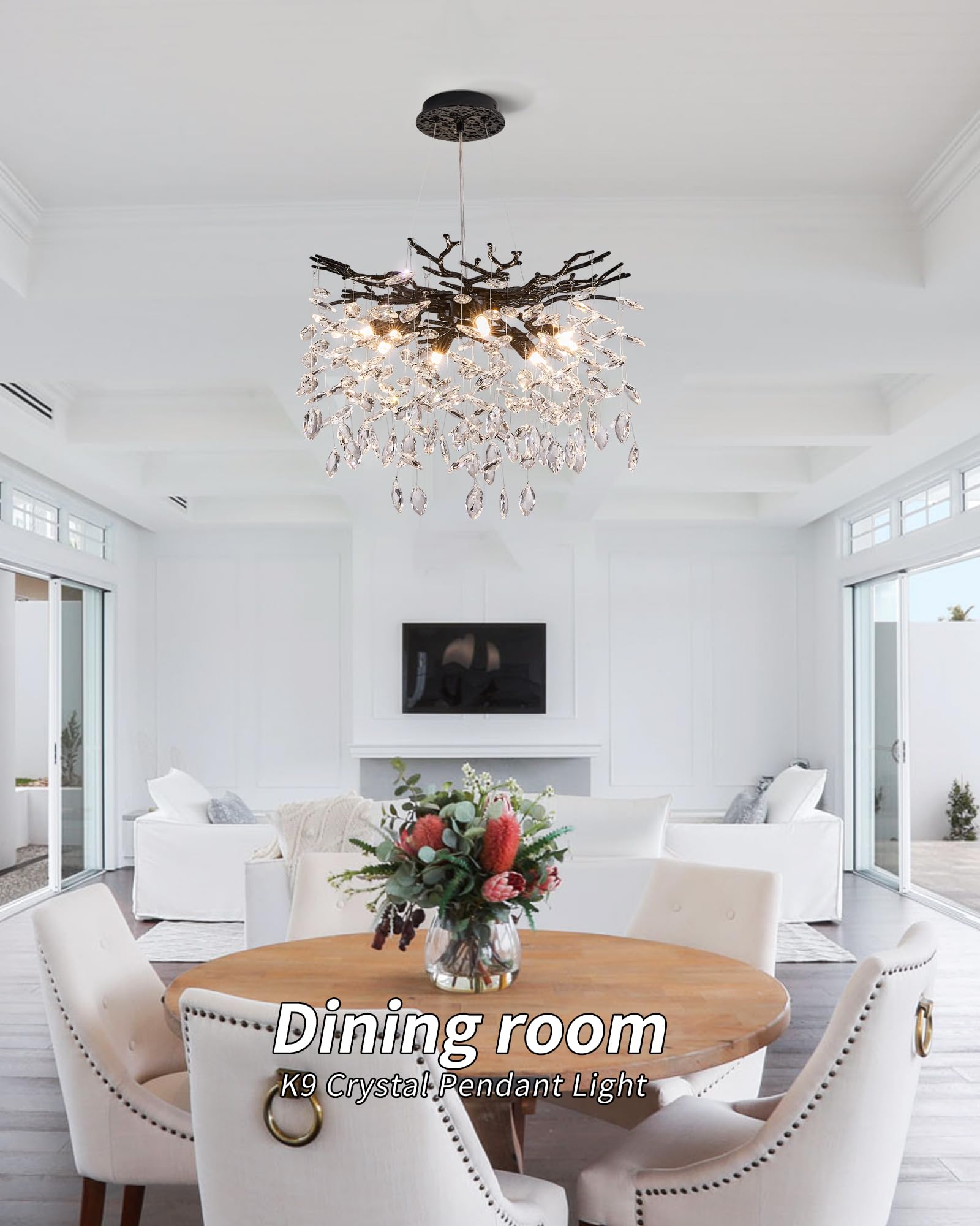 Modern Tree Branch Crystal Chandelier Luxury Black Crystal Pendant Lighting 18'' Contemporary 6-Light Chandeliers For Dining Roo