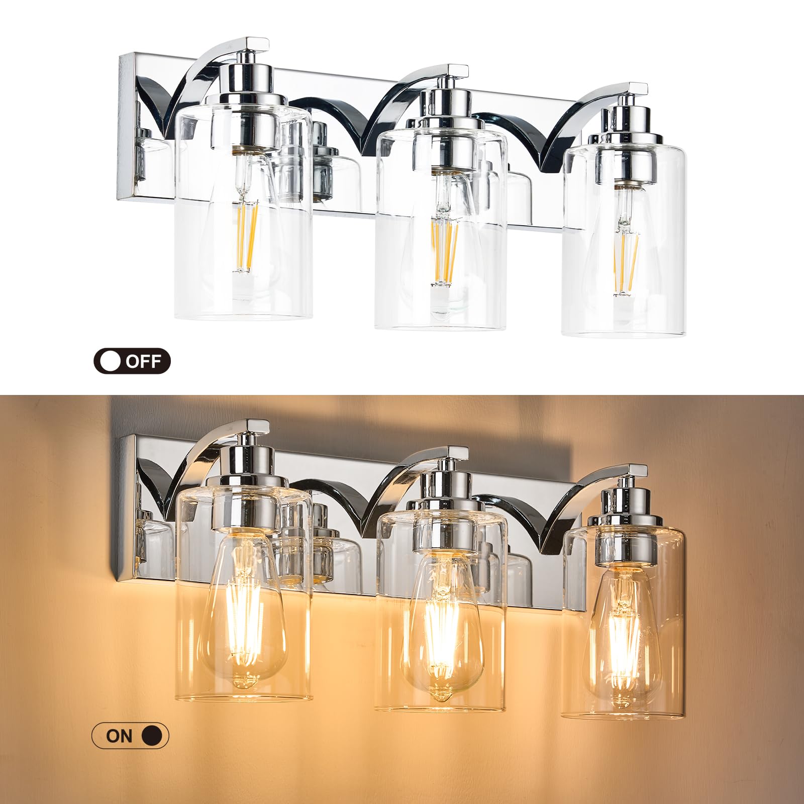 Alaislyc 3-Light Chrome Bathroom Vanity Light Fixture With Clear Glass Shade For Mirror