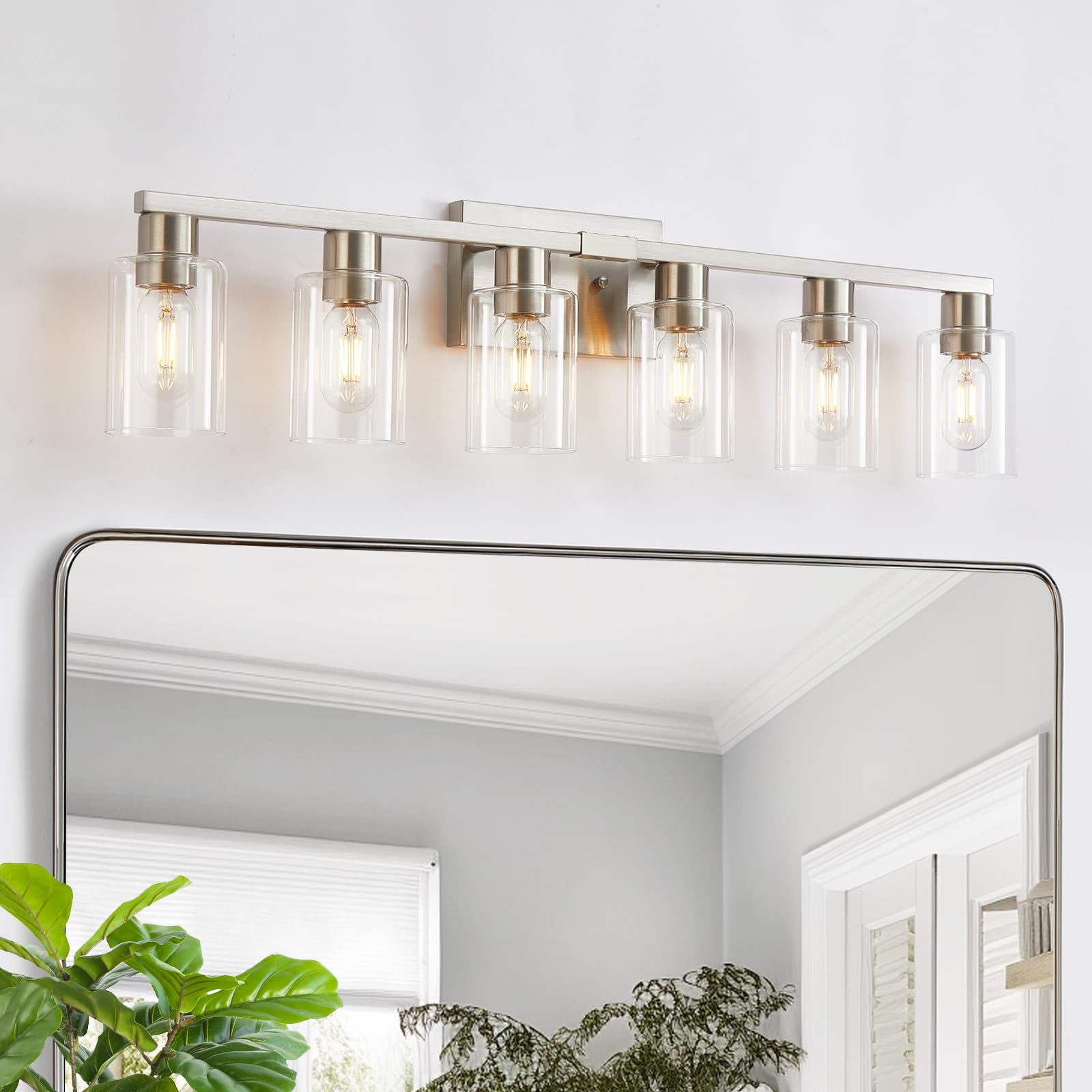 6 Light Bathroom Light Fixtures, Bathroom Vanity Light With Clear Glass, Brushed Nickel Bathroom Lighting Fixtures Over Mirror,