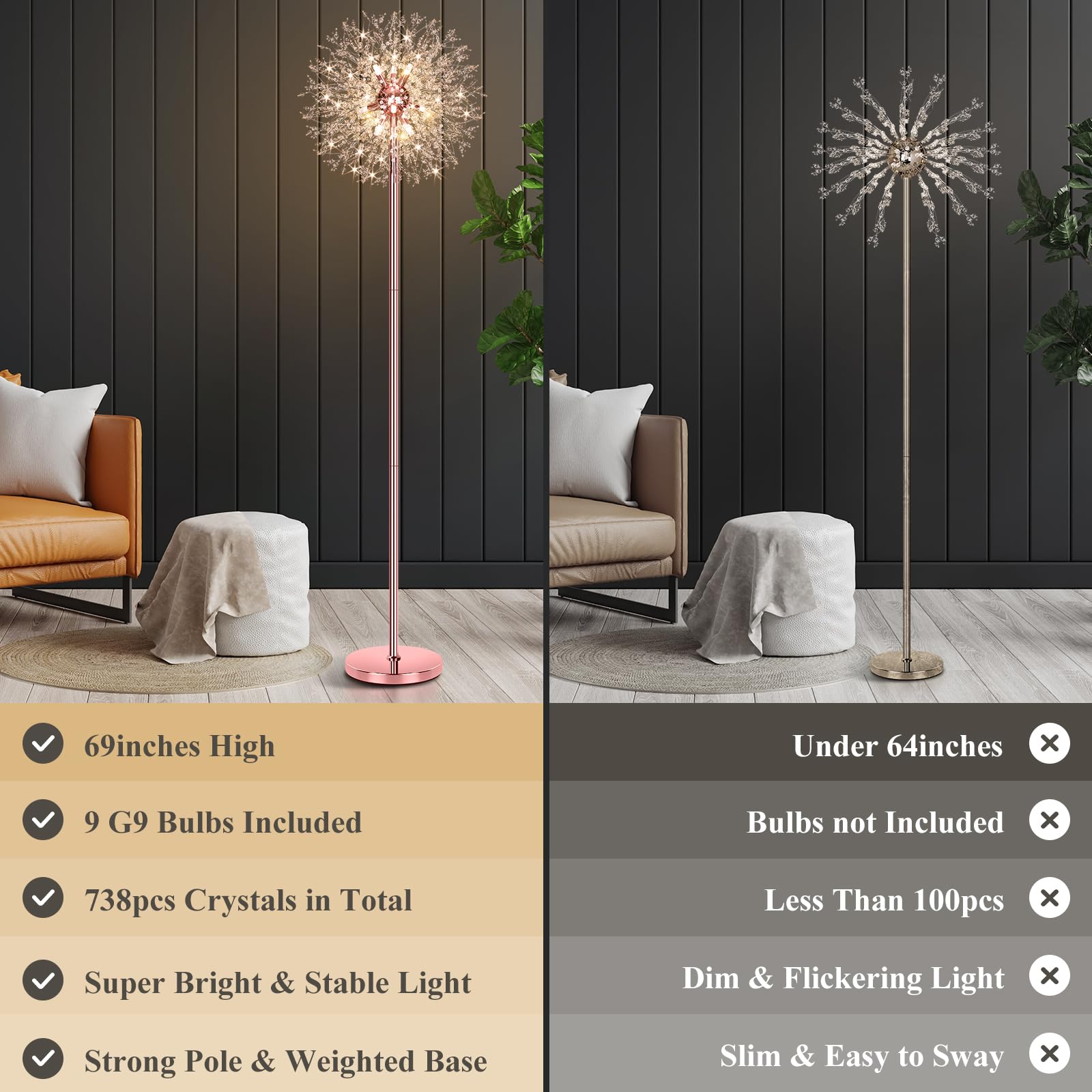 Beslowe 69 Crystal Floor Lamp For Living Room  Modern Standing Lamp With 738Pcs K9 Crystals  Tall Lamp Pole Light For Bedroom Office  Mid Century Floor Lighting With 9 Led Bulbs  Rose Gold