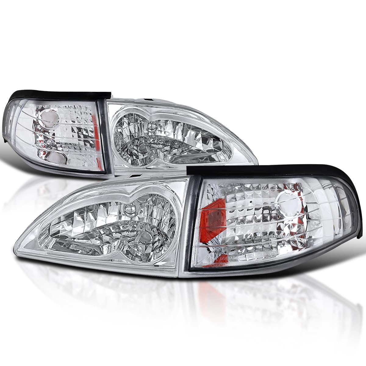 Spec-D Tuning Euro Clear Diamond Headlights + Corner Lights Lamps Comopatible With 1994-1998 Ford Mustang Left + Right Pair