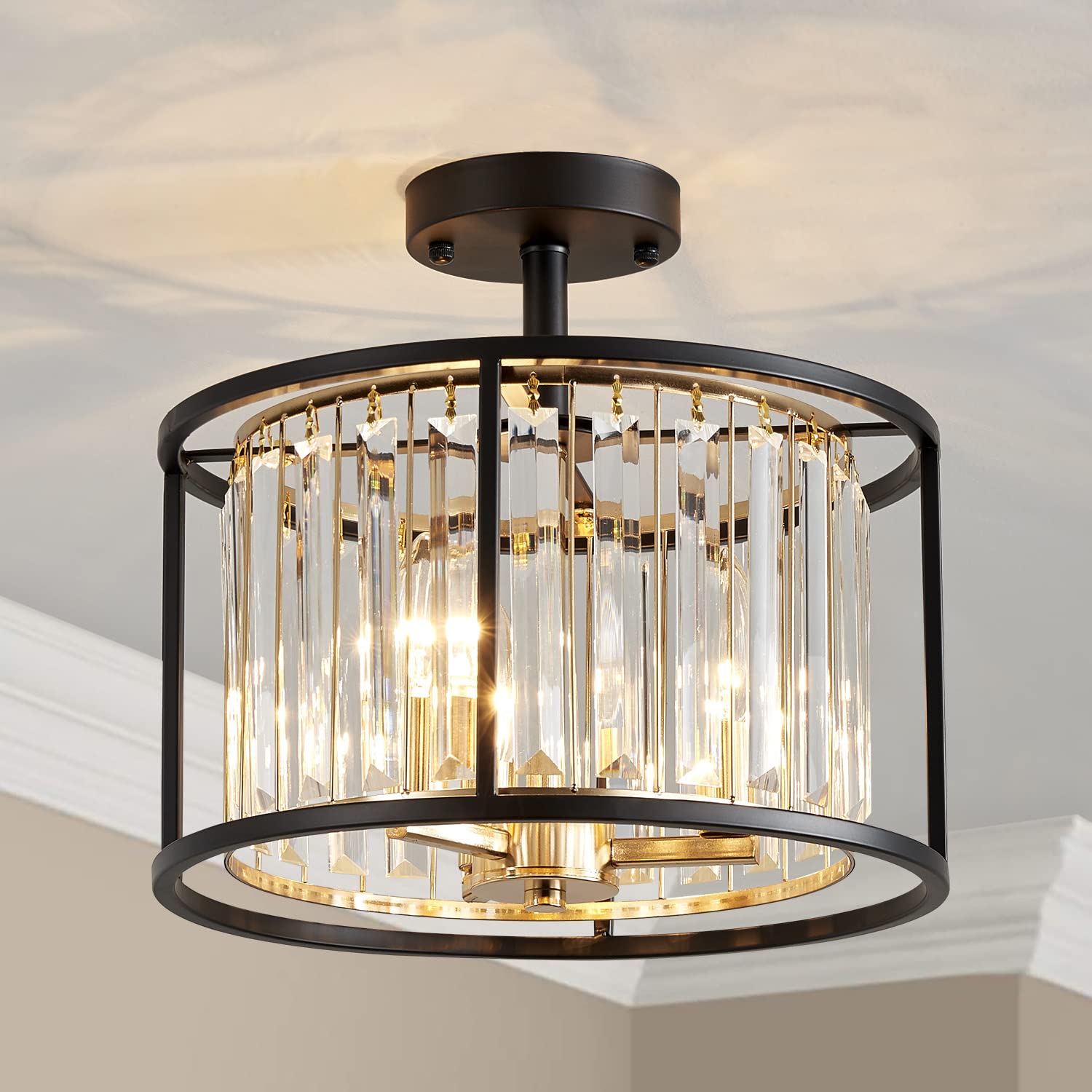 Agv Lighting Cl005Bb K9 Crystal Semi Flush Mount Ceiling Light Fixture, Modern Design, E12 Base 3-Lights, D13 X H15, Shinny Gold