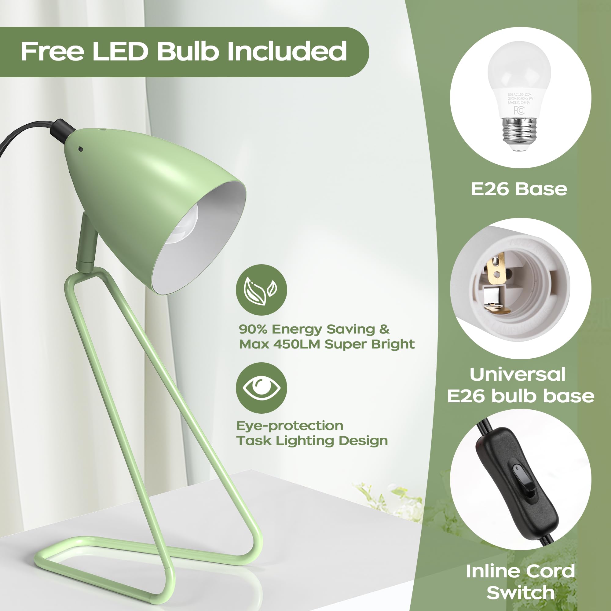 Partphoner Table Lamp Set Of 2, 350Rotatable Small Desk Lamp, Modern Green Reading Bedside Lamps, Suitable For Study, Bedroom, O