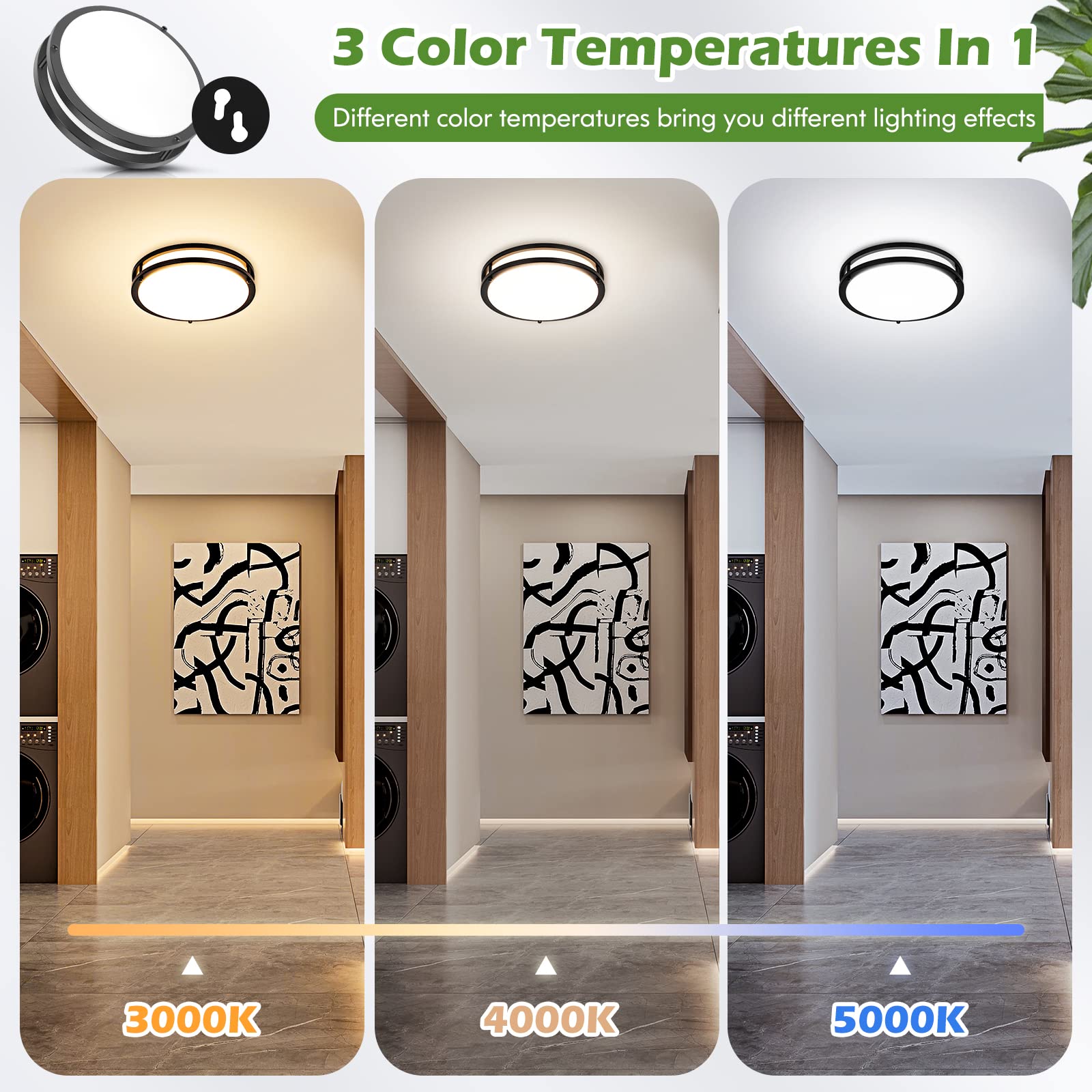 12 Inch Flush Mount Ceiling Lights, 36W 3200Lm Black Dimmable Light Fixtures Ceiling Mount, 3000K-5000K Selectable Modern Kitche