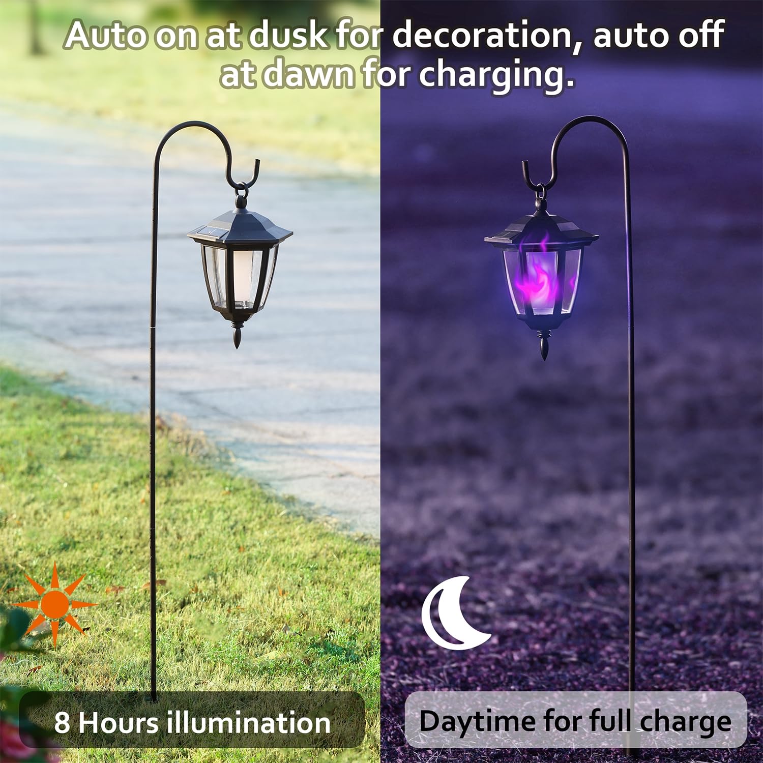 Dynaming 4 Pack Solar Halloween Flame Hanging Lights Outdoor, Flickering Flame Led Garden Lanterns With 4X38 Inch Shepherd Hooks