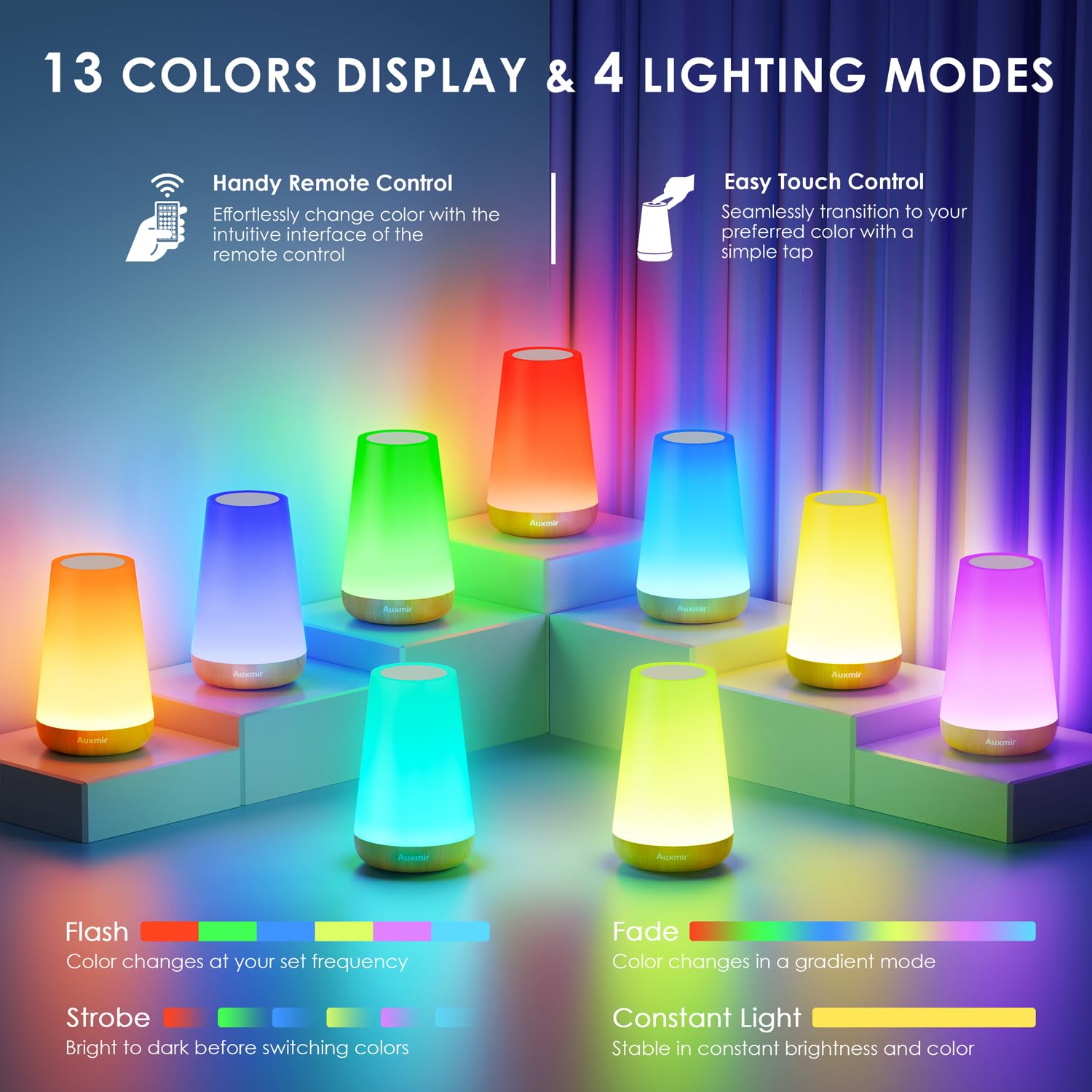 Auxmir LED Night Light Table Lamp - Touch & Remote Control, 13 RGB Colors, 5 Brightness Levels, Rechargeable, Light Brown, Model M4