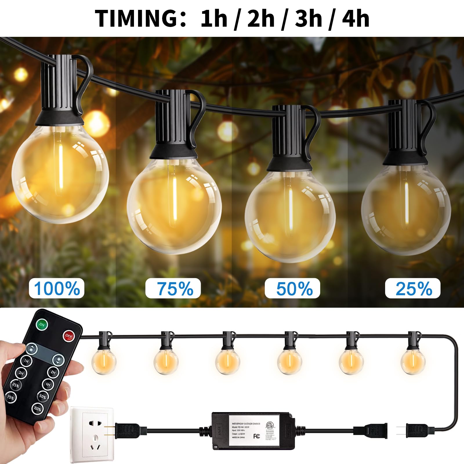 Histar 30Ft Led Outdoor String Lights, Waterproof G40 Bulbs, Remote Control, Black