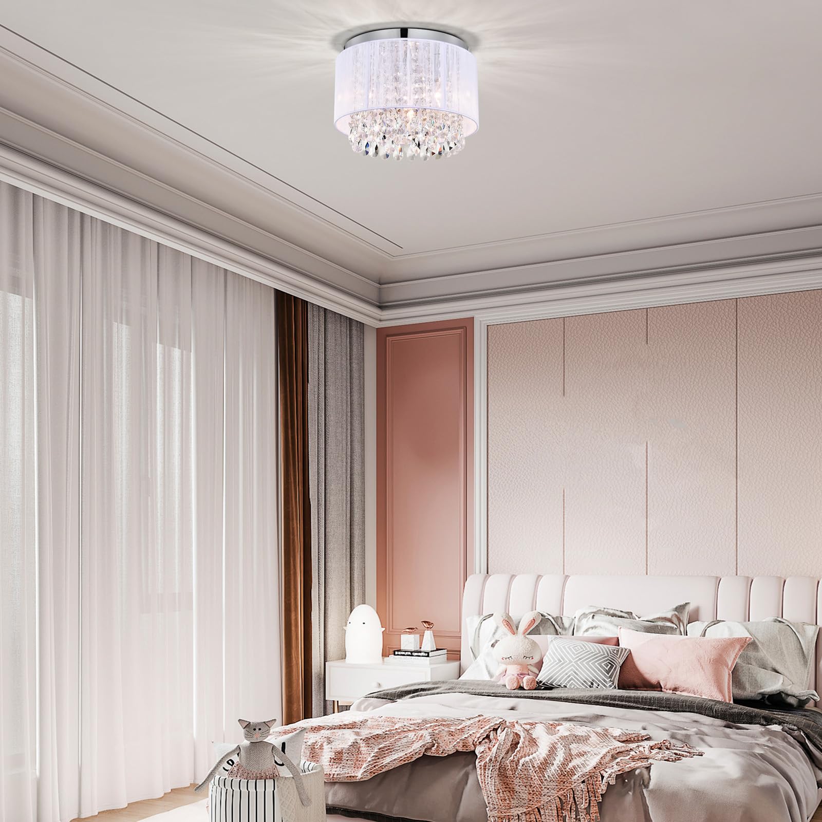 LaLuLa 3-Light Mini Flush Mount Chandelier - White Crystal Drum Design, 11" Round Lighting for Bedroom