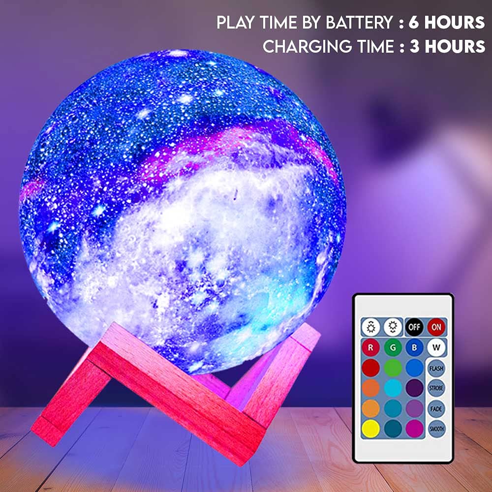Himalayan Glow Kids Night Galaxy Lamp 5.9-inch 16 Colors LED 3D Star Moon Light with Wood Stand, Remote & Touch Control USB Rech