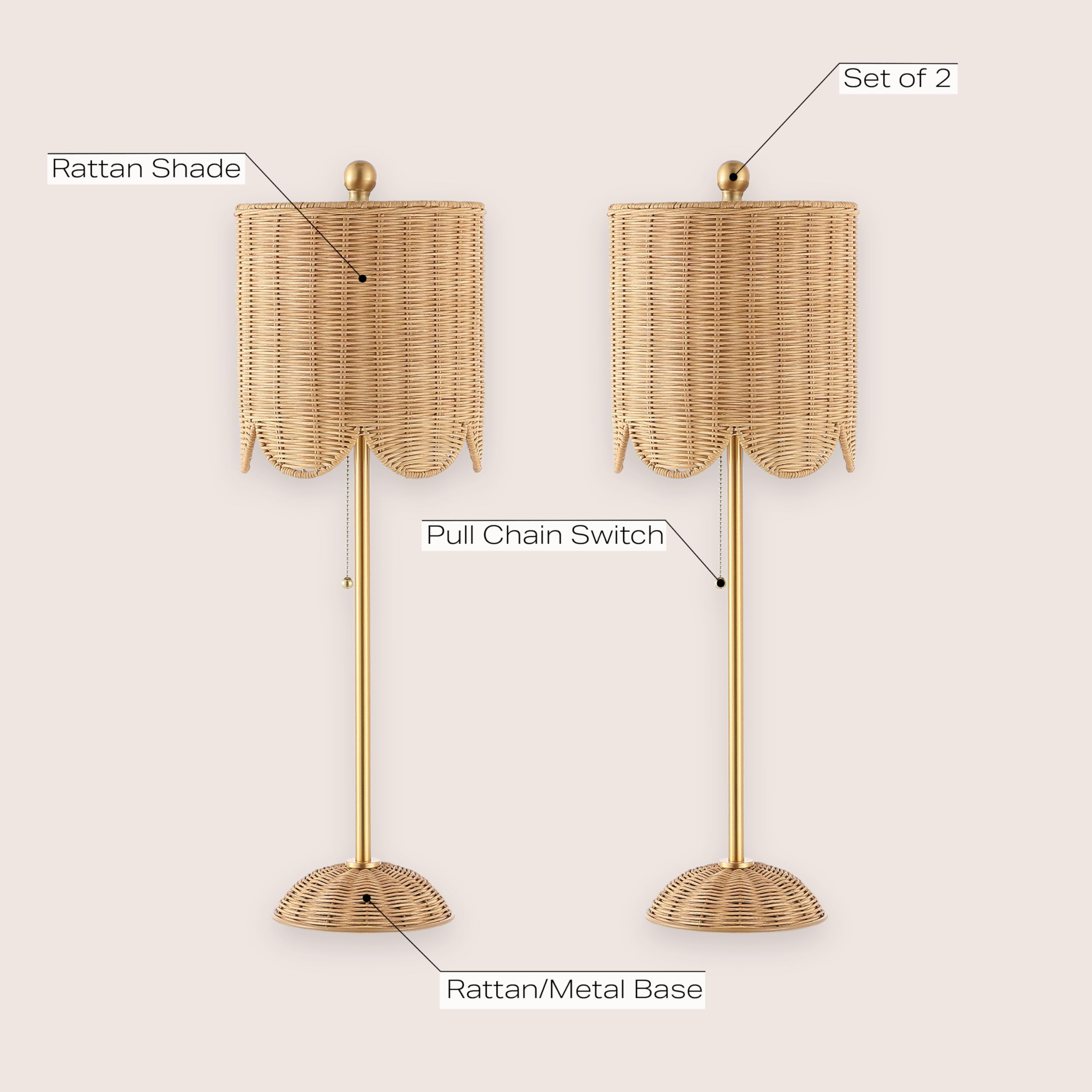 JONATHAN Y JYL1138A-SET2 Celerie 27.5 Coastal Bohemian Rattan/Iron Scalloped Buffet LED Table Lamp with Pull Chain, Natural/Bras