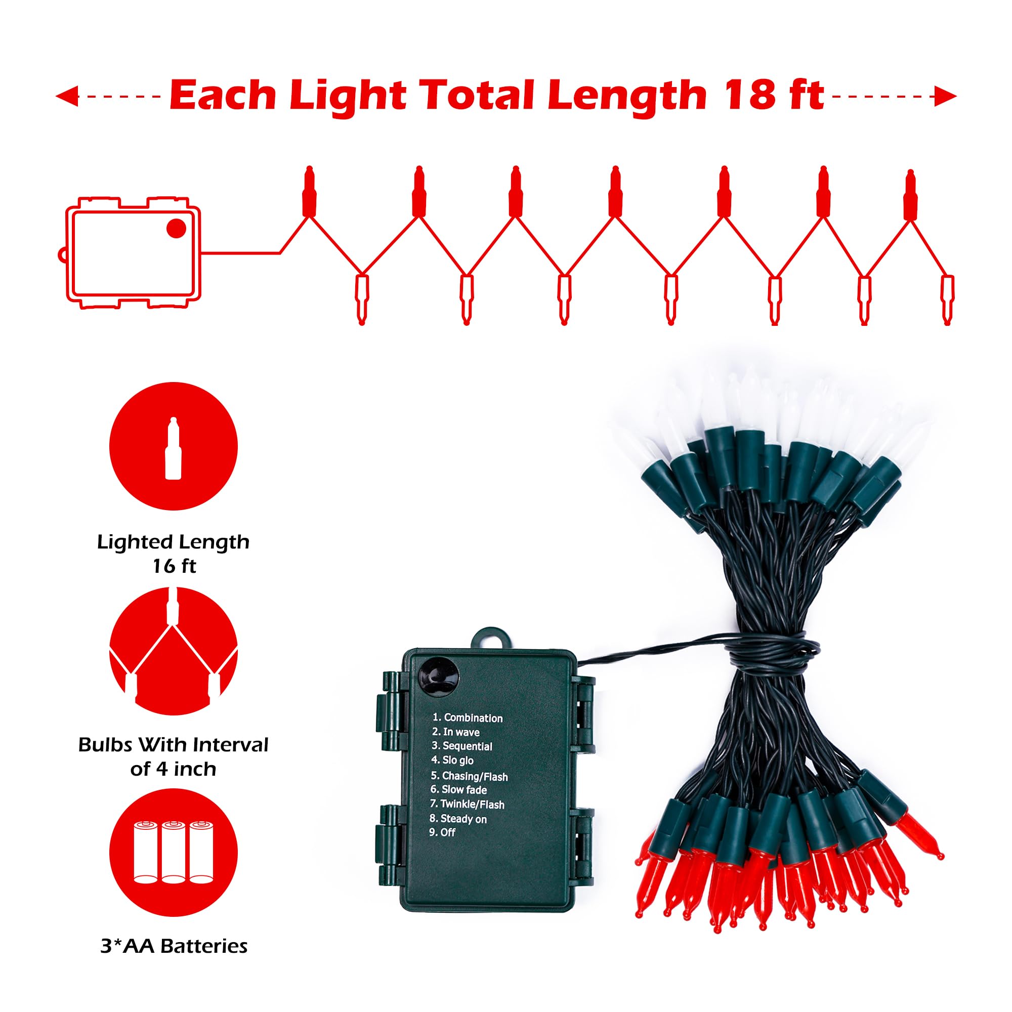 RECESKY Christmas String Lights - 100 LED, 36ft, Battery Operated, Built-in Timer, Red White, Model RCSK-YLDCH-2P50LLPRW