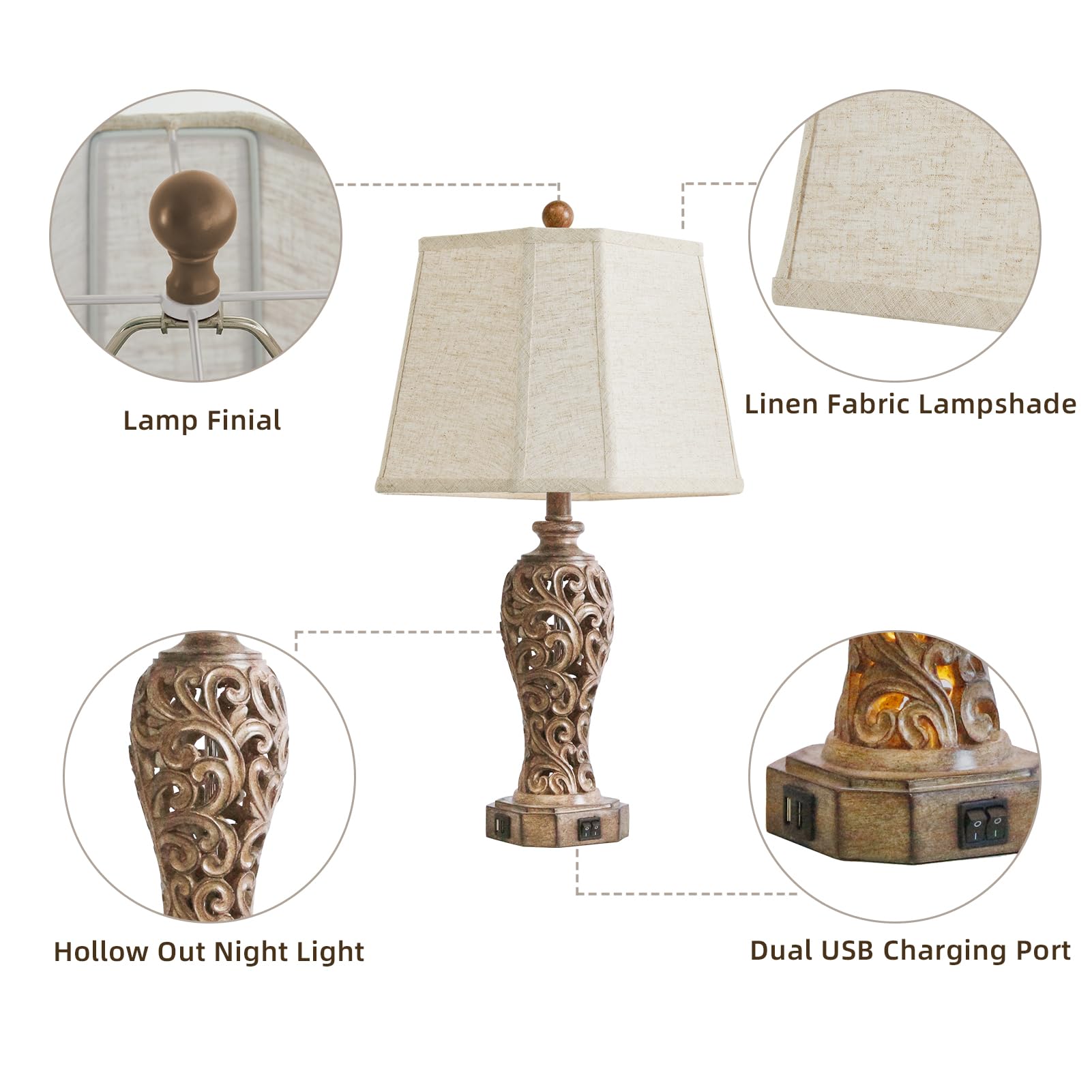 Set Of 2 Rustic Table Lamps For Living Room Bedroom, 2 Usb Ports 25'' Vintage Farmhouse Desk Lamp With Nightlight, Brown Hollow