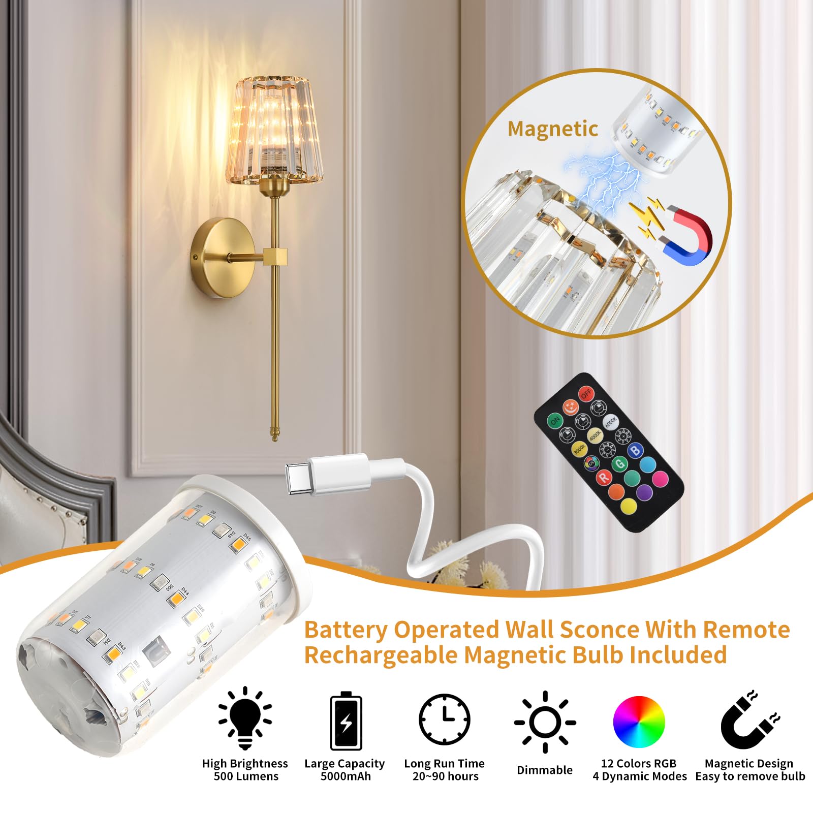 ZEBALINE Battery Operated Crystal Wall Sconces, Gold, USB Rechargeable LED Bulbs, Dimmable, Set of 2, Model BD6802-CD
