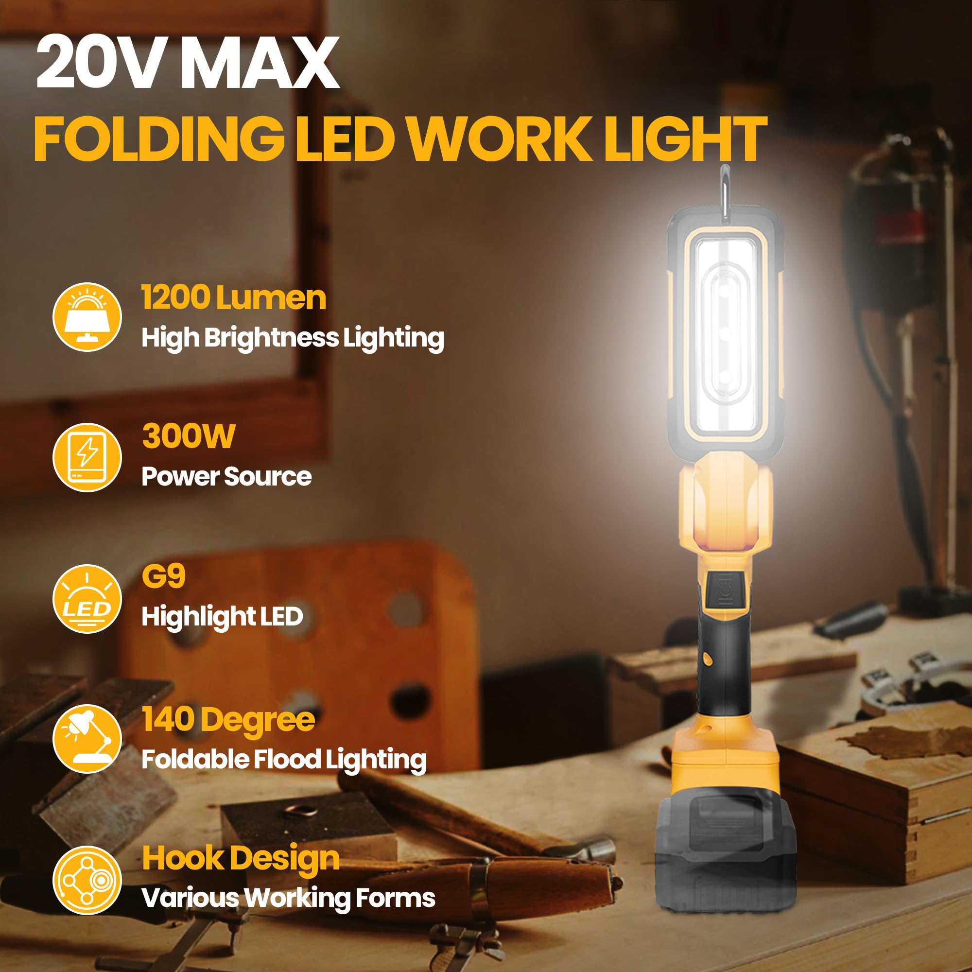 Yawv Cordless Led Work Light For Dewalt 20V Max Battery, Two Levels Adjustable Up To 1000 Lumens With Low Voltage Protection, 14