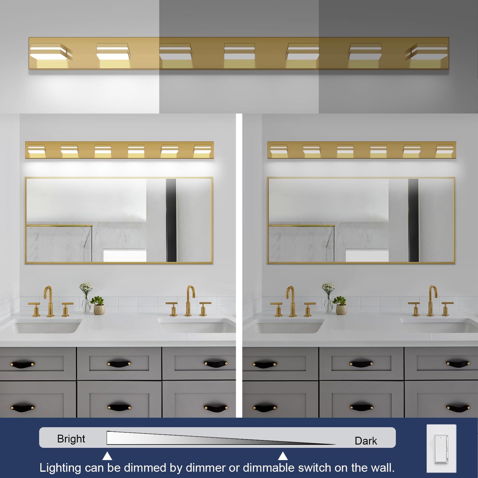 SineRise LED Bathroom Vanity Light Fixtures 7-Light 55-Inch Brass Dimmable Acrylic 6000K Over Mirror