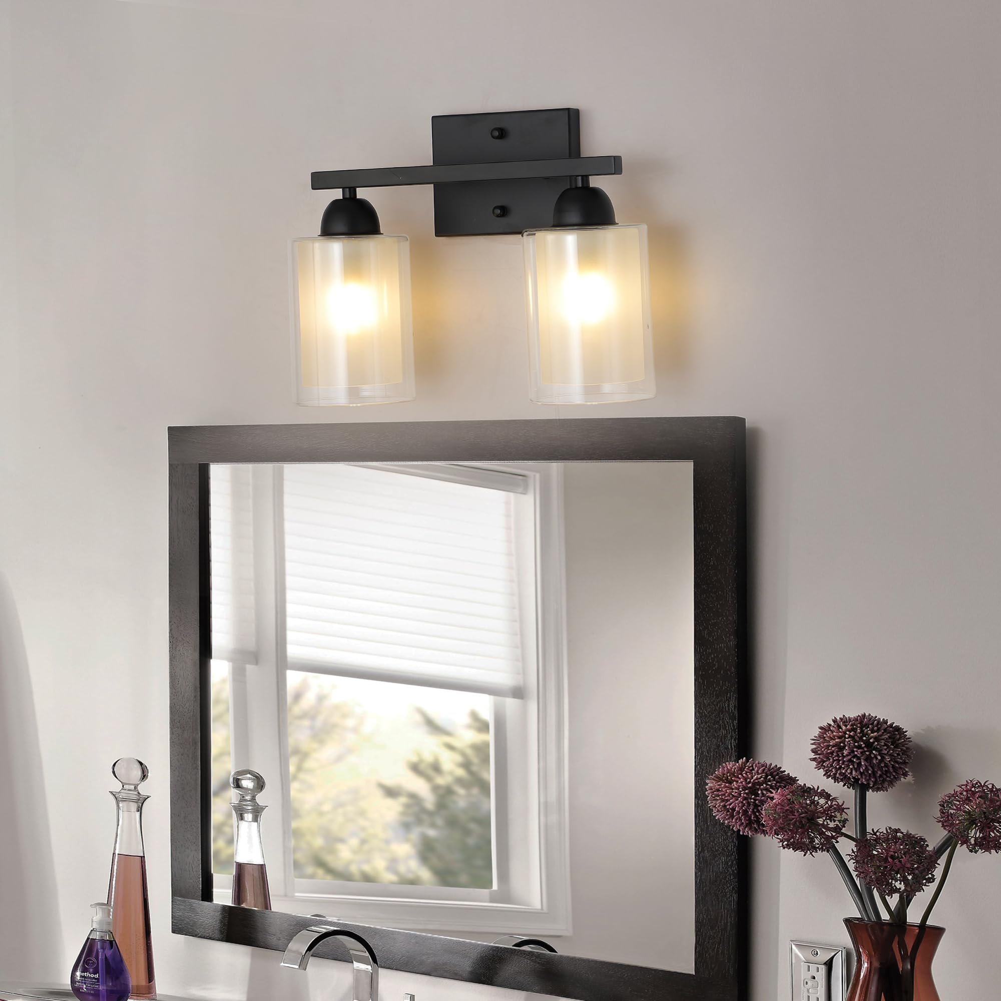 Mecgirn 2 Light Bathroom Vanity Light, Matte Black, Stainless Steel with Clear and Milk Glass Shades, Model B0007-2-Black