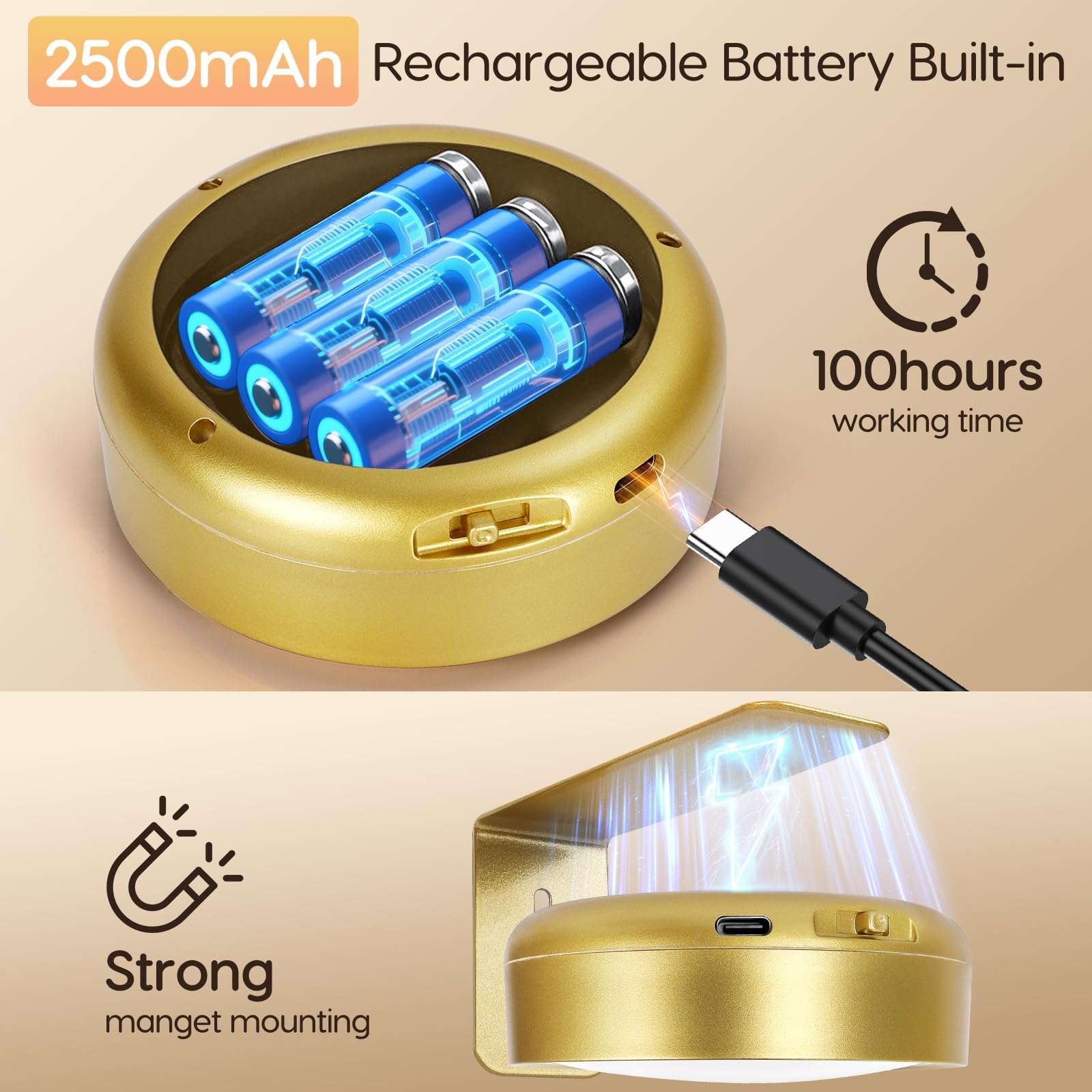 Arixinks 6-Pack Rechargeable Wall Picture Light with Remote, Dimmable LED, Gold, Model 4r