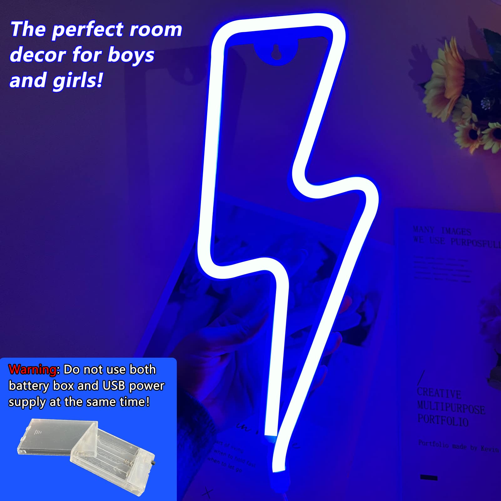 BerniceKelly Neon Lightning Bolt Sign, USB/Battery Powered, Blue, Model 445LXX-NHD2202171, Wall Decor for Bedroom and Kids Rooms