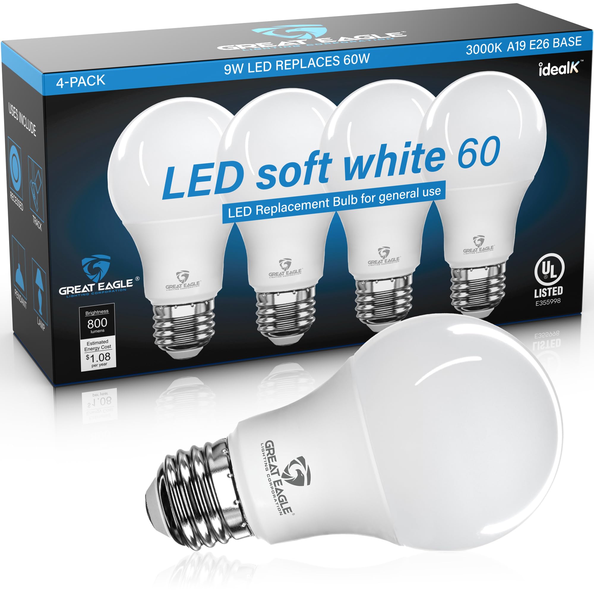 Great Eagle A19 LED Light Bulbs 60 Watt Equivalent - UL Listed - Soft White 3000K LED Light Bulbs - 9W Non Dimmable - 800 Lumens