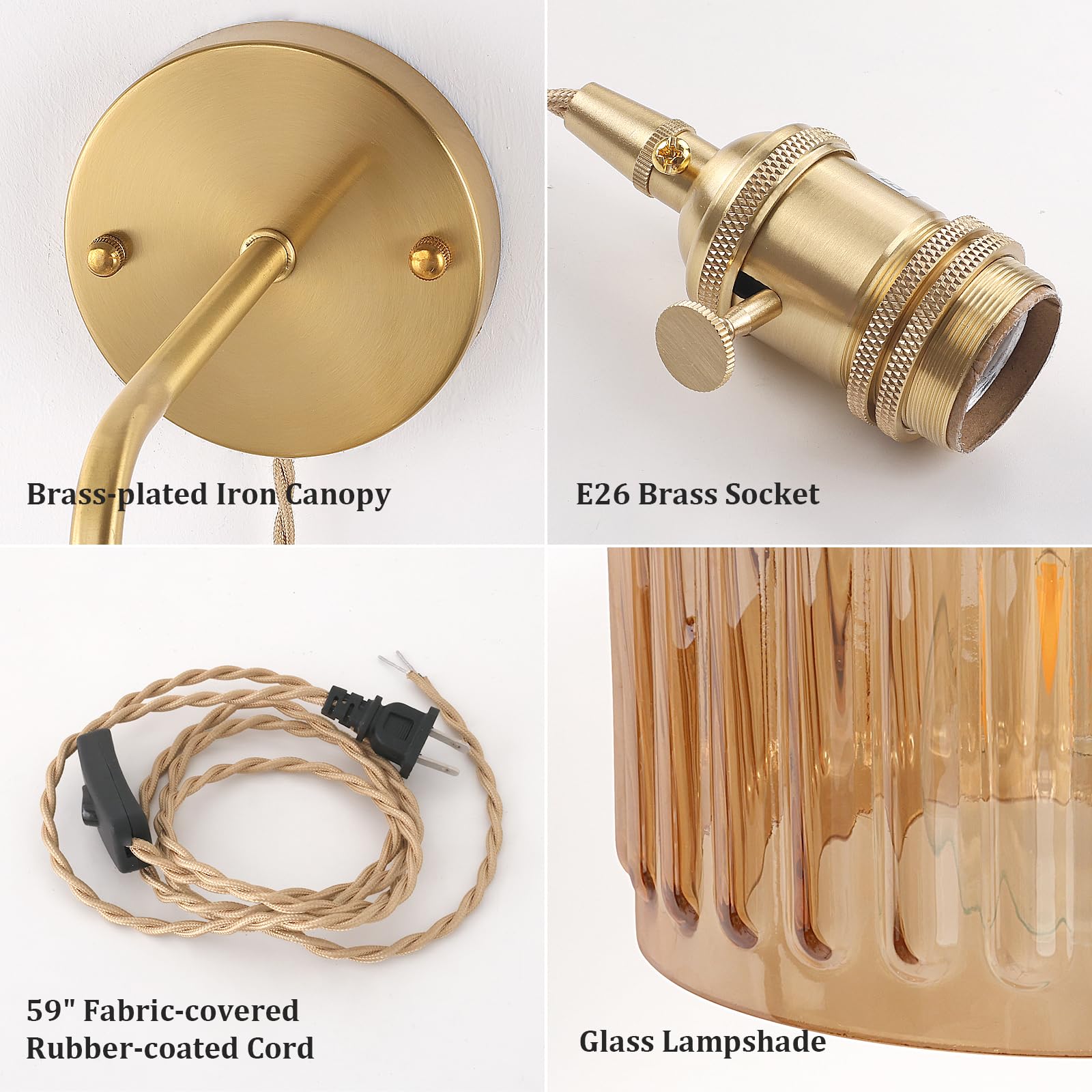Shenmoyl Vintage Wall Sconce Lamp, Amber Striped Glass Shade, Plug in 4.9FT Cord, Brass, Model 1-9390