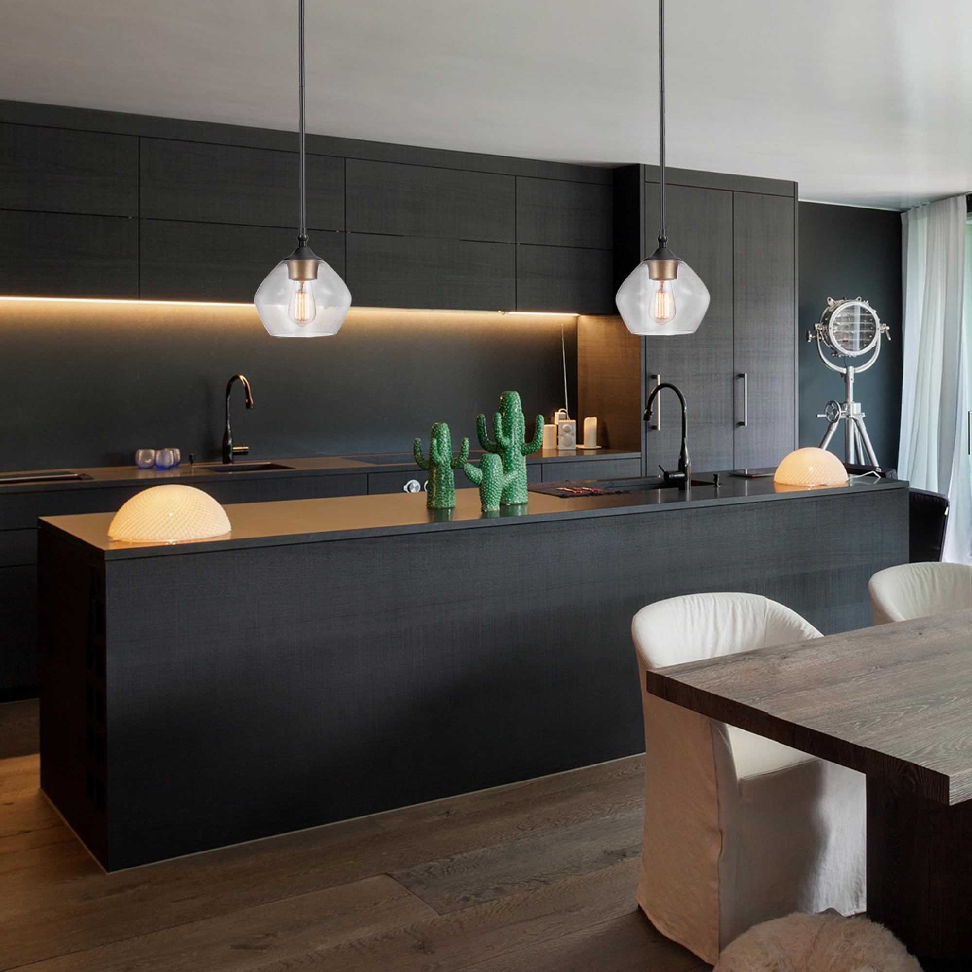 Globe Electric Harrow 1-Light Pendant, 59.6in Matte Black with Clear Glass, Gold Accent Socket, Model 60312