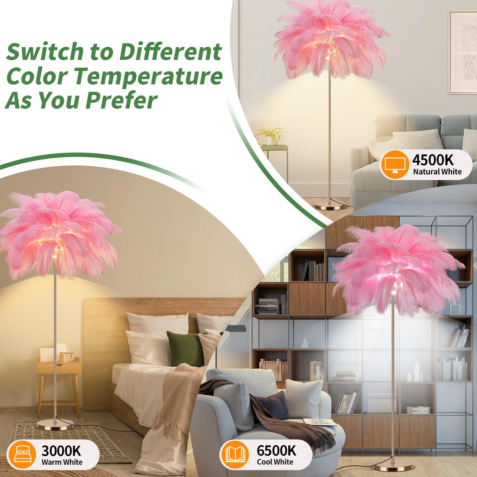Fivemengo Feather Floor Lamp - Pink Ostrich Feathers, Rose Gold Body, Modern Arc Design, LED Bulbs Included, Model Yumao-Fen