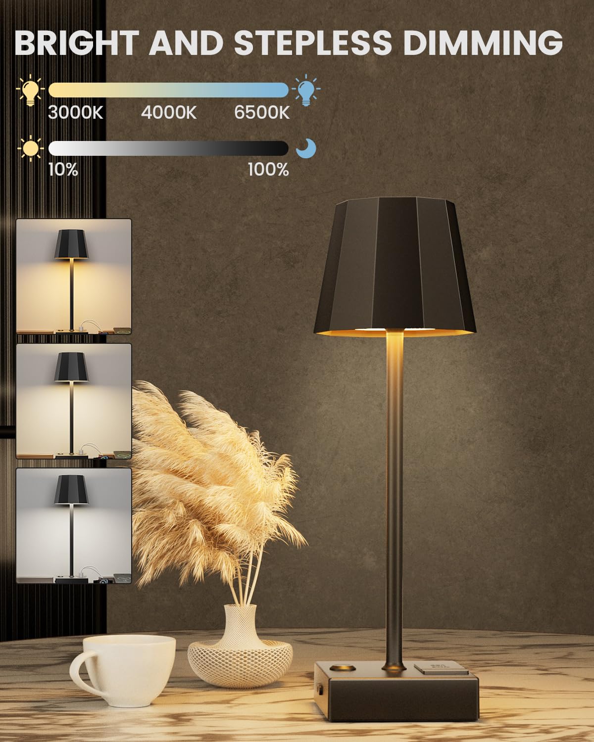 Niaycouky Cordless Table Lamp - 8000Mah Rechargeable, Touch Control, 3 Color Dimming, Black