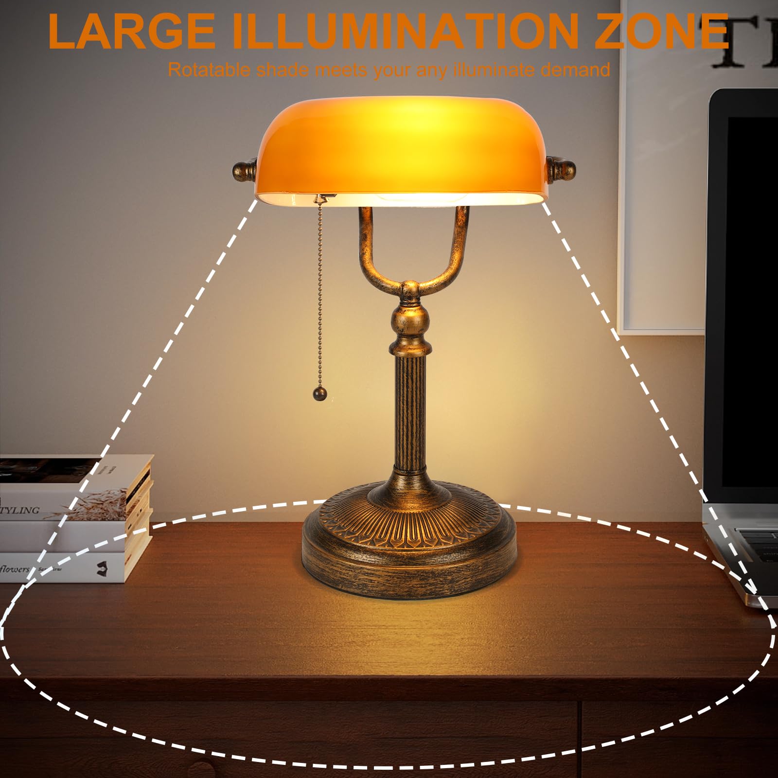 Nissafors Bankers Desk Lamp, Amber Glass Shade, Vintage Desk Lamp With Pull Chain Switch, Retro Table Lamps For Home Office Led