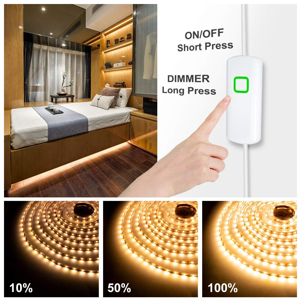 MYPLUS Under Cabinet Lighting Kit, 32.8FT Dimmable LED Strip Light, Warm White 3000K, Low Power Safety Adapter, Flexible Tape Light