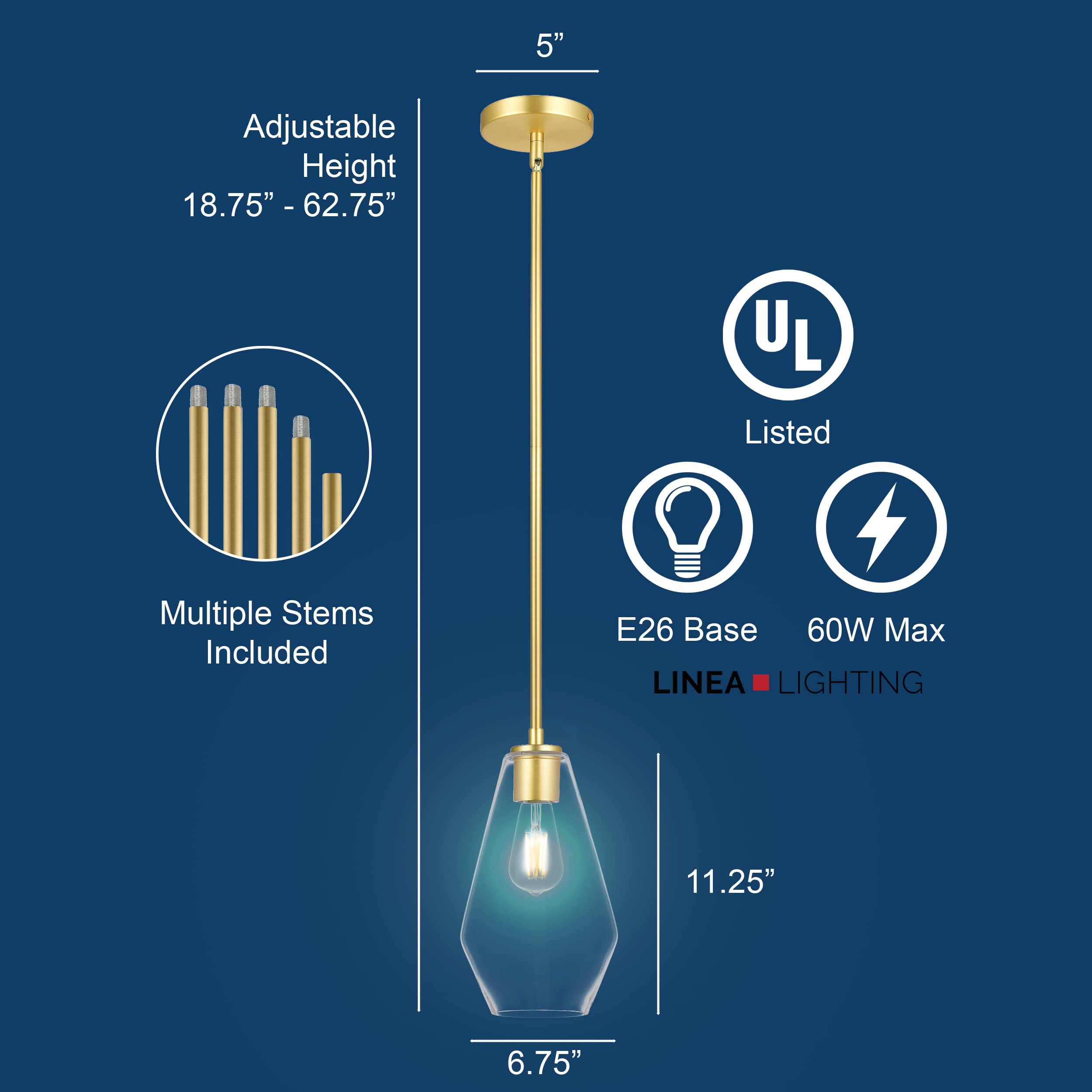 Linea di Liara Pendant Light, Modern Glass Farmhouse Design, Satin Brass, Giada Size, Model LL-P644-3SB, UL Listed