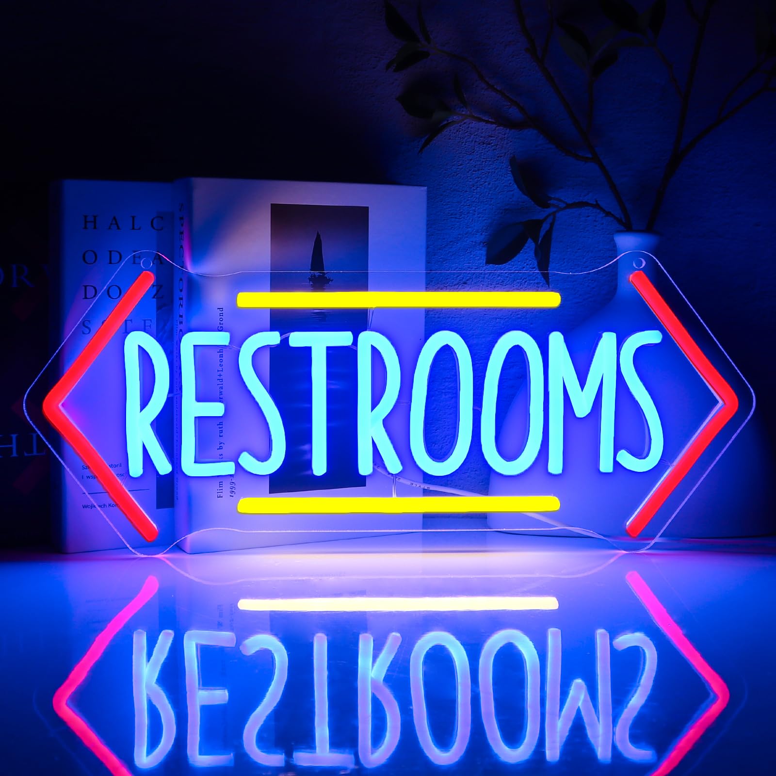 PMCVYH Neon Restroom Sign - LED Wall Decor, USB Dimmable, Acrylic, 16.54 x 6.89 inches, Blue Red Yellow, Model SYL-Restrooms