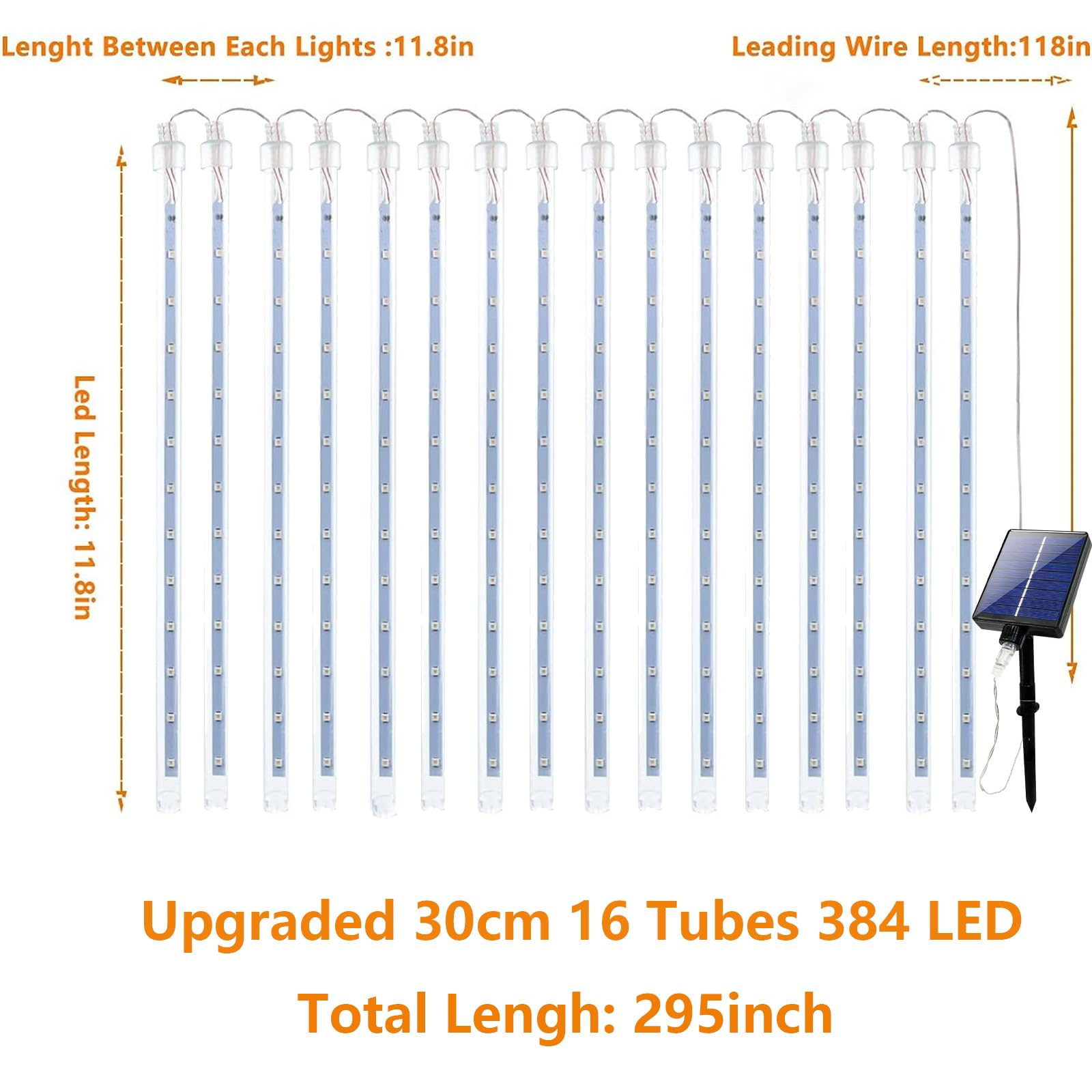 EXF Solar Meteor Shower Lights 16 Tubes 384 LEDs Cool White Waterproof 1 Pack MSL-01 for Outdoor Christmas Decorations