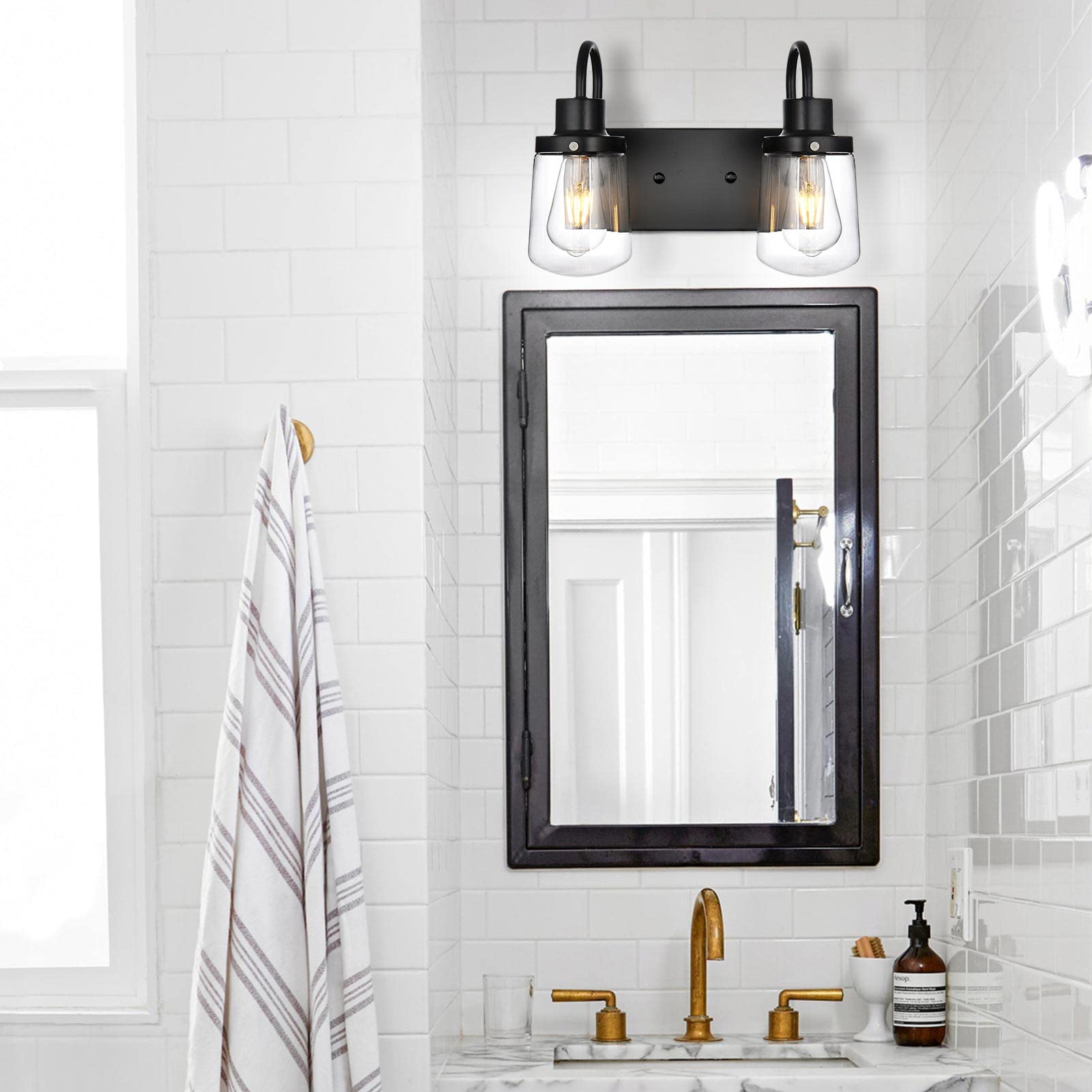 Yaohong 3-Light Industrial Wall Sconce - Modern Black Vanity/Bathroom Lamp With Clear Glass Shades